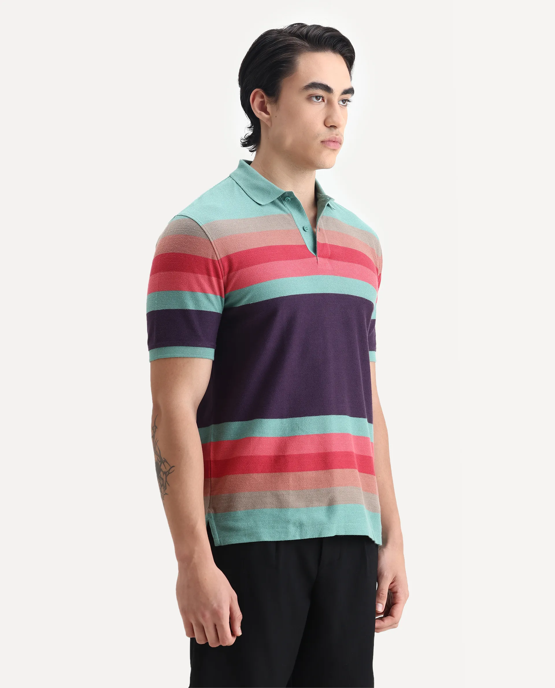 Rare Rabbit Men's Glasglow Green Cotton Striped Print Regular Fit Half Sleeve Polo - Image 6