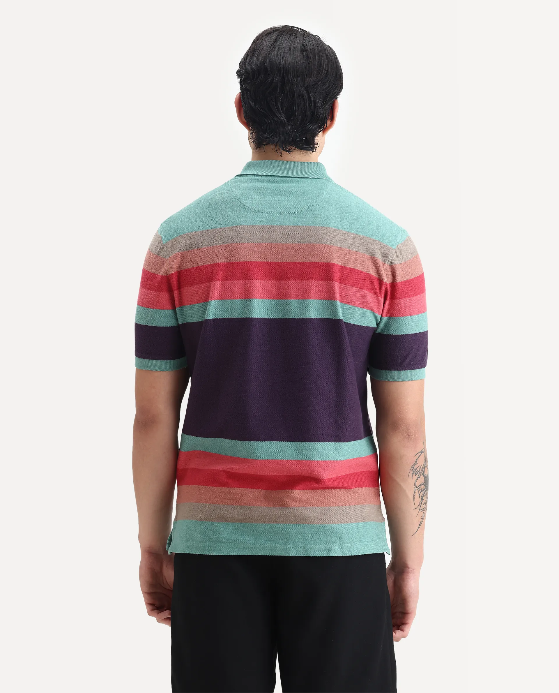 Rare Rabbit Men's Glasglow Green Cotton Striped Print Regular Fit Half Sleeve Polo - Image 7
