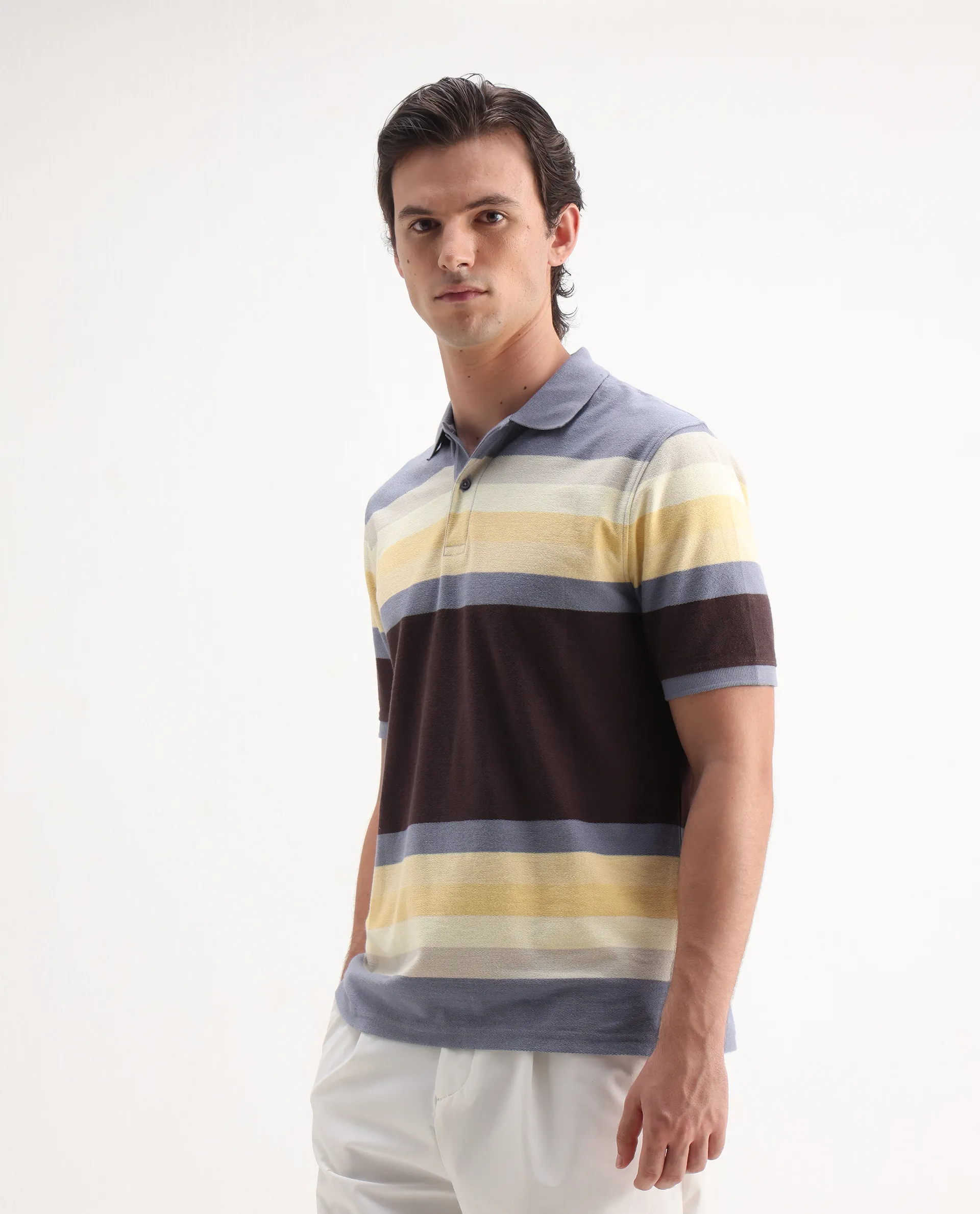 Rare Rabbit Men's Glasglow Purple Cotton Striped Print Regular Fit Half Sleeve Polo - Image 4