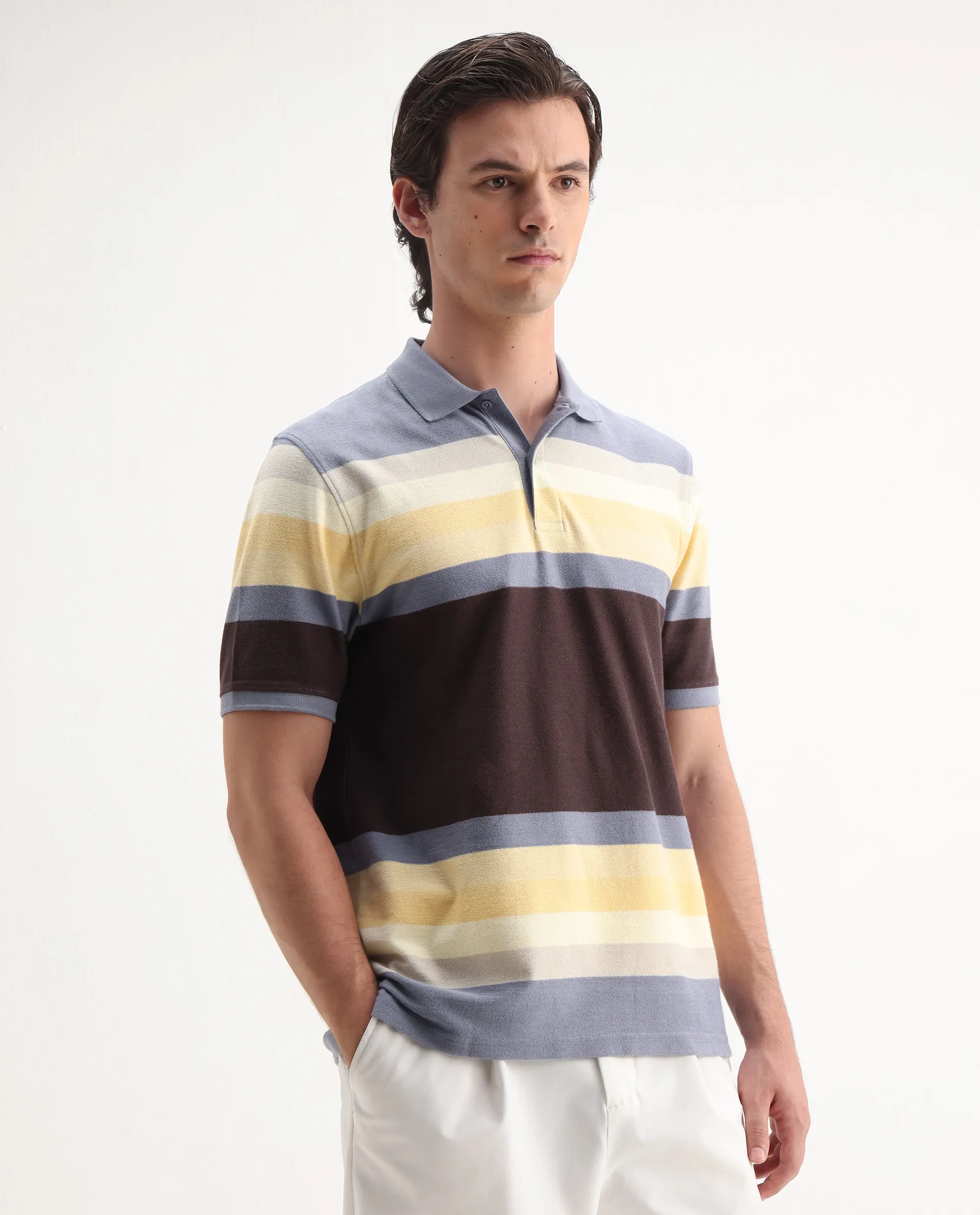 Rare Rabbit Men's Glasglow Purple Cotton Striped Print Regular Fit Half Sleeve Polo - Image 5