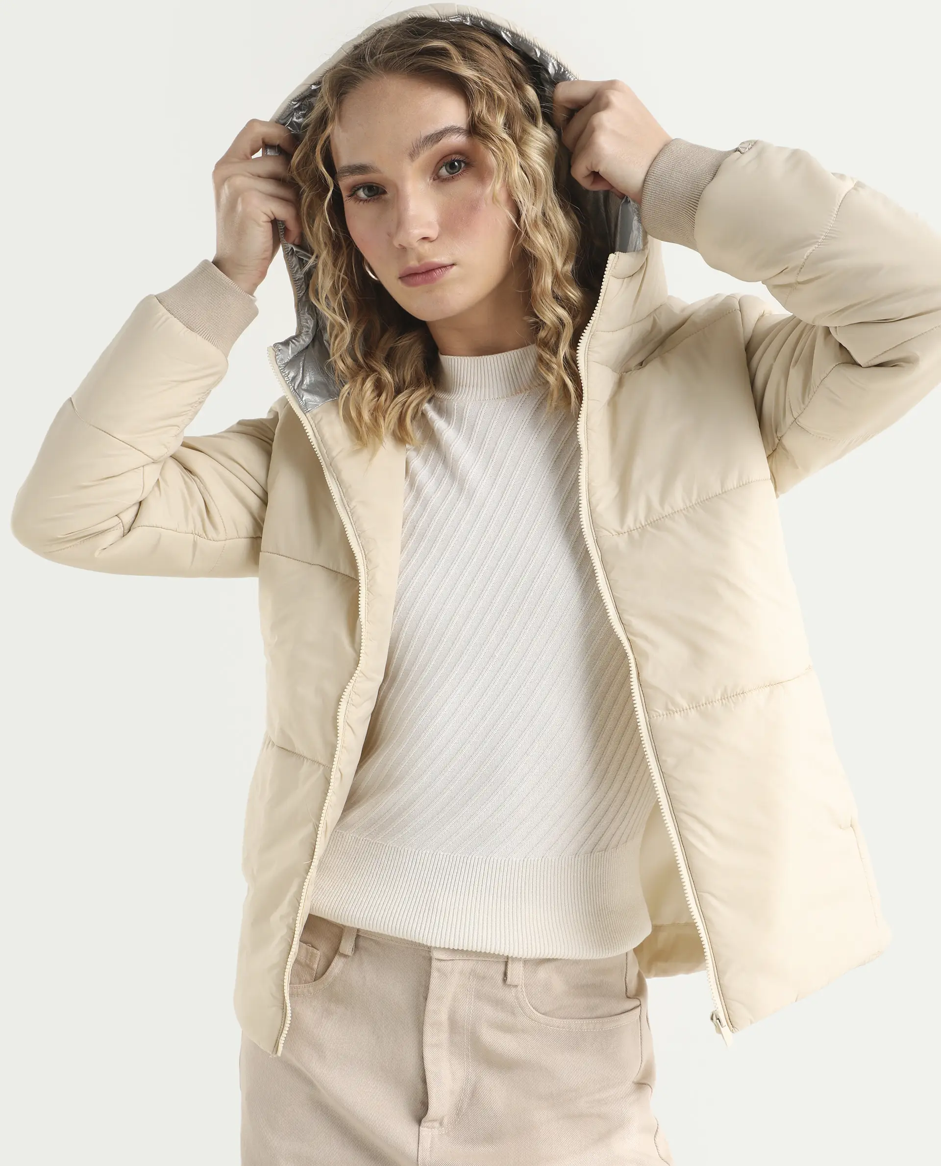 Rareism Women's Glasha Hls Beige Polyester Hooded Plain Regular Fit Jacket