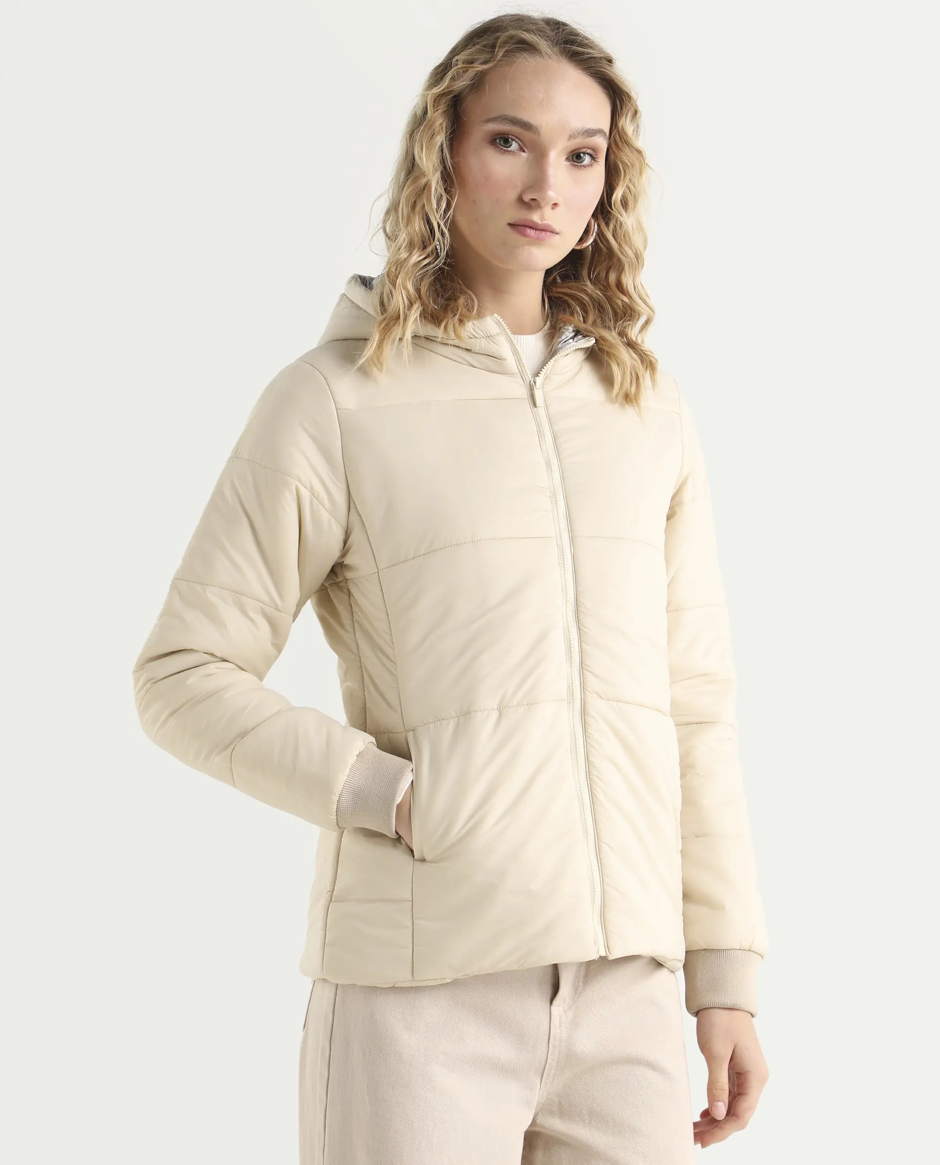 Rareism Women's Glasha Hls Beige Polyester Hooded Plain Regular Fit Jacket - Image 5