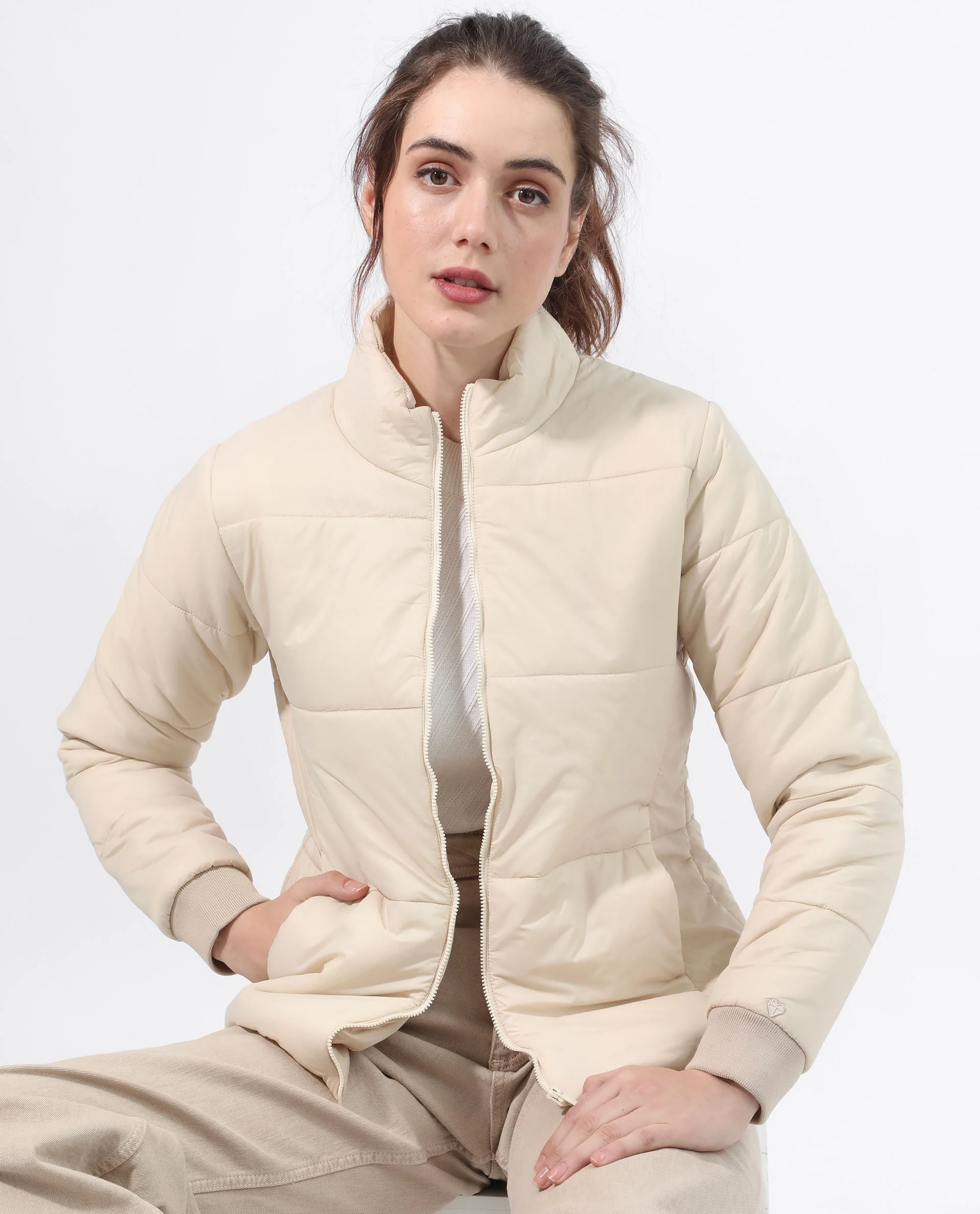 Rareism Women's Glasha Ls Beige Polyester High Neck Plain Regular Fit Jacket - Image 2