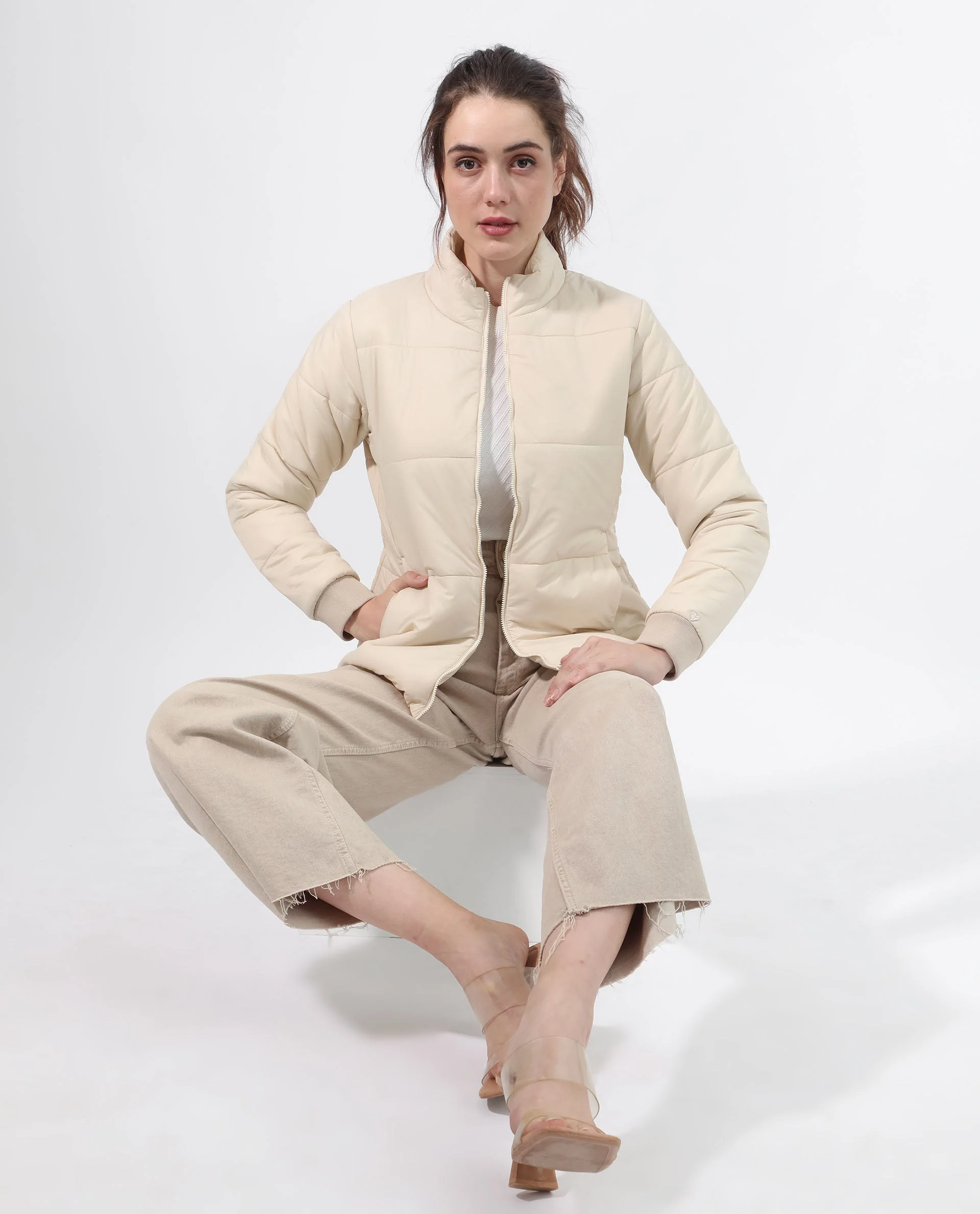 Rareism Women's Glasha Ls Beige Polyester High Neck Plain Regular Fit Jacket - Image 3