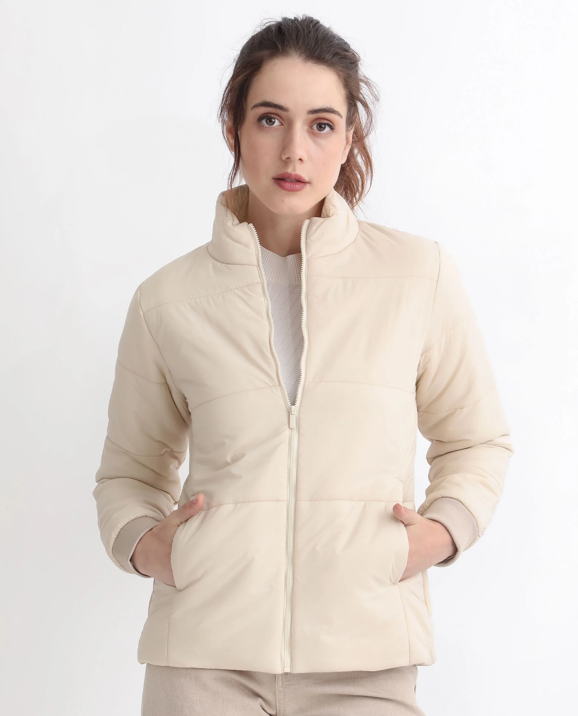 Rareism Women's Glasha Ls Beige Polyester High Neck Plain Regular Fit Jacket - Image 6