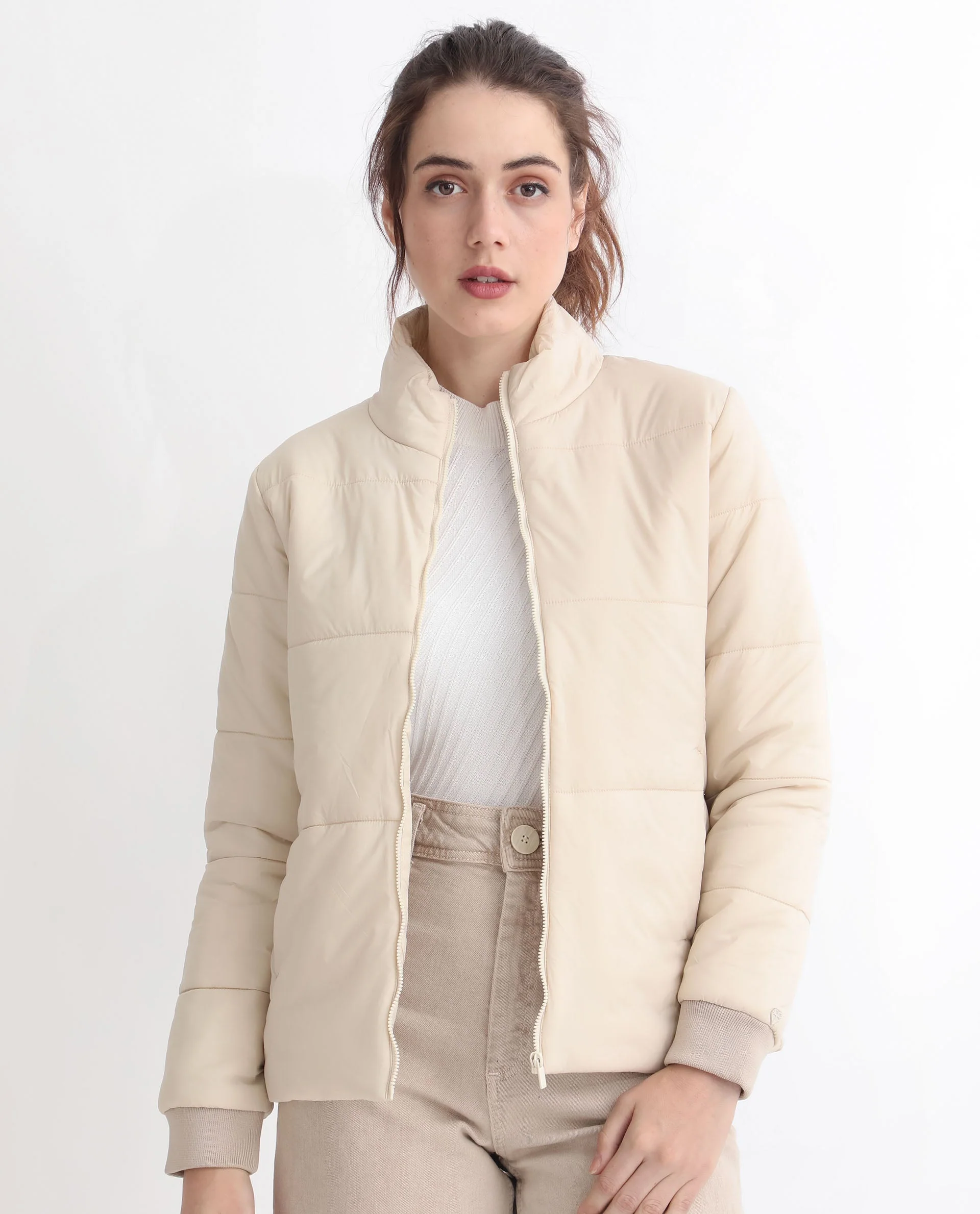 Rareism Women's Glasha Ls Beige Polyester High Neck Plain Regular Fit Jacket - Image 7