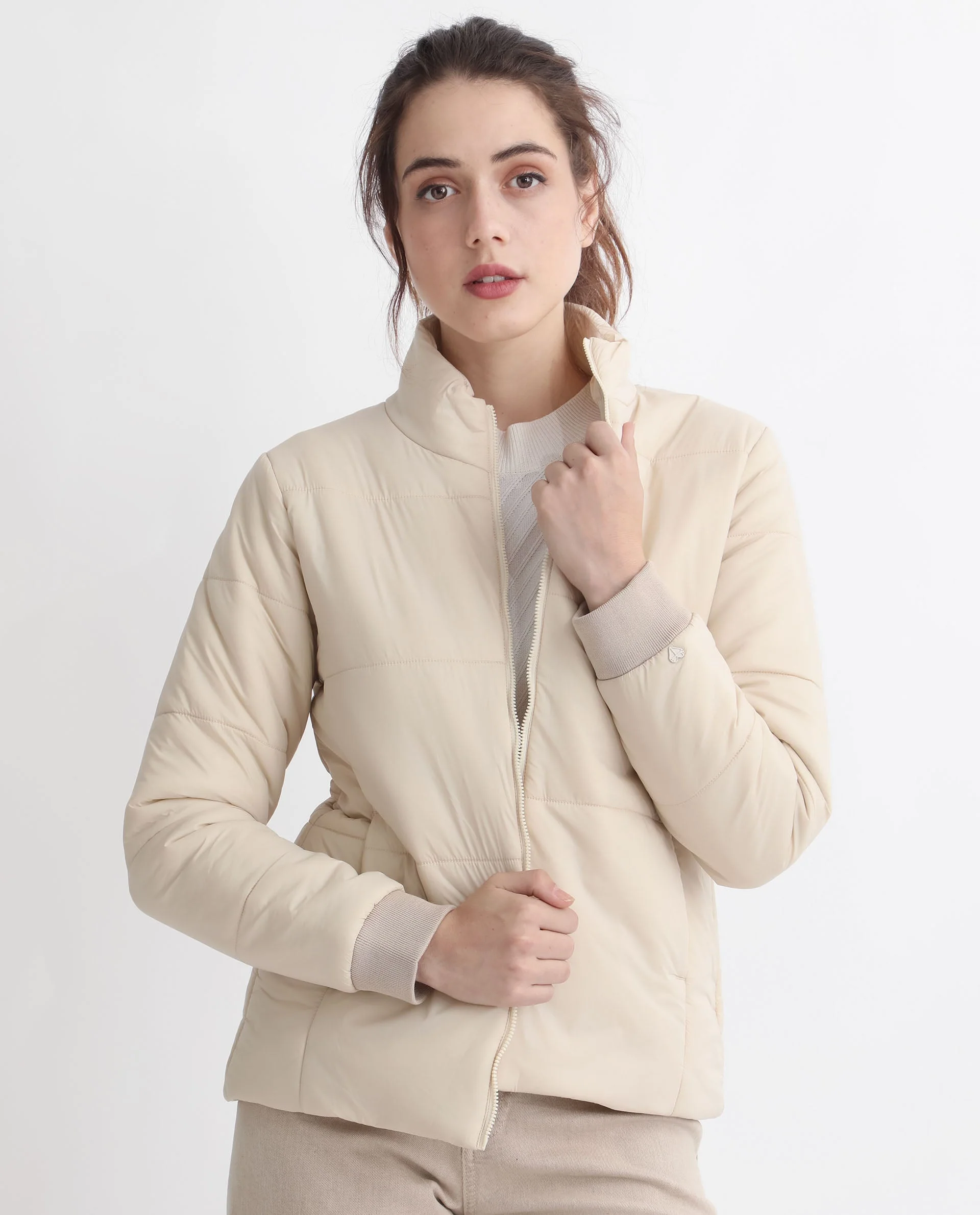 Rareism Women's Glasha Ls Beige Polyester High Neck Plain Regular Fit Jacket - Image 8
