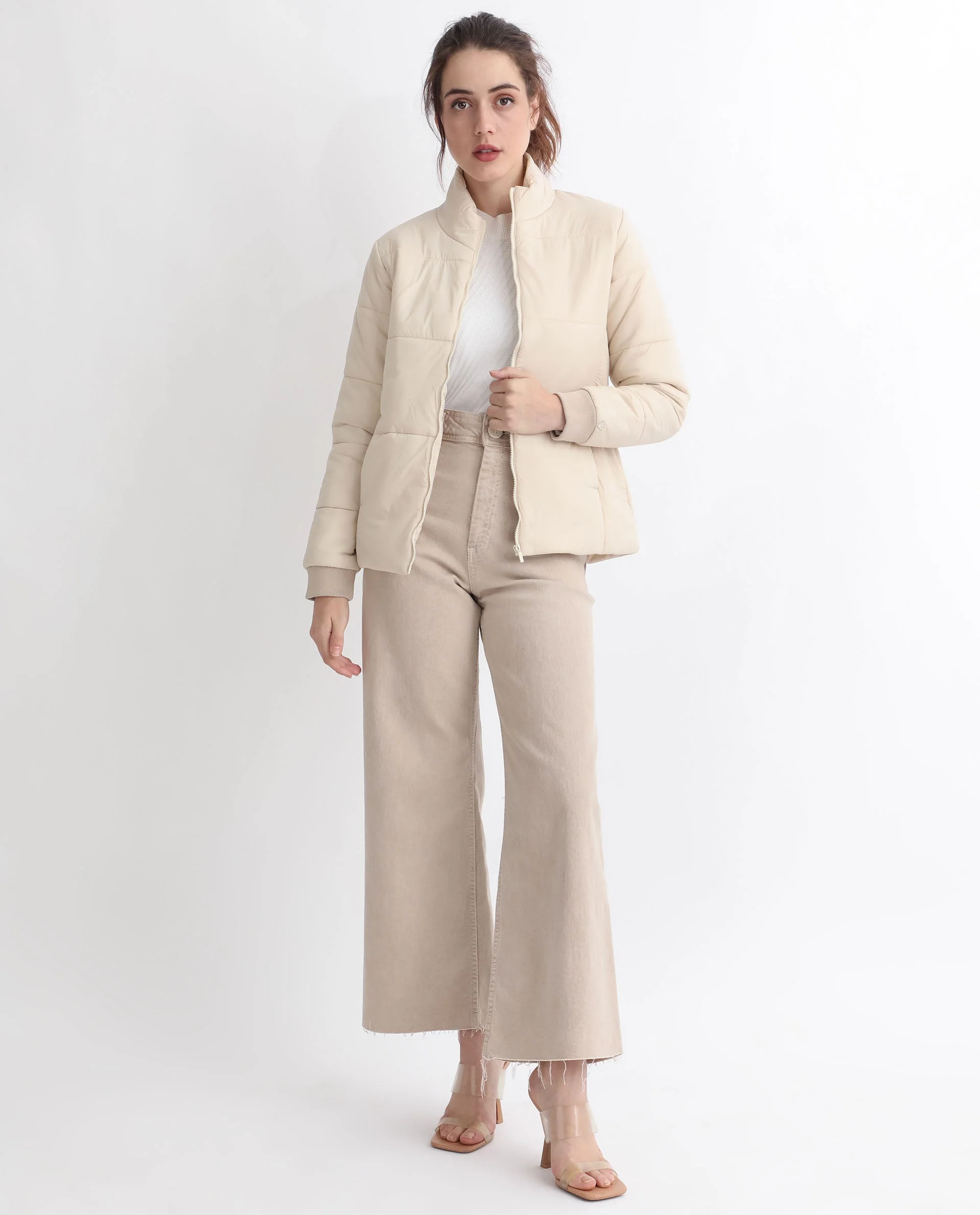 Rareism Women's Glasha Ls Beige Polyester High Neck Plain Regular Fit Jacket - Image 9