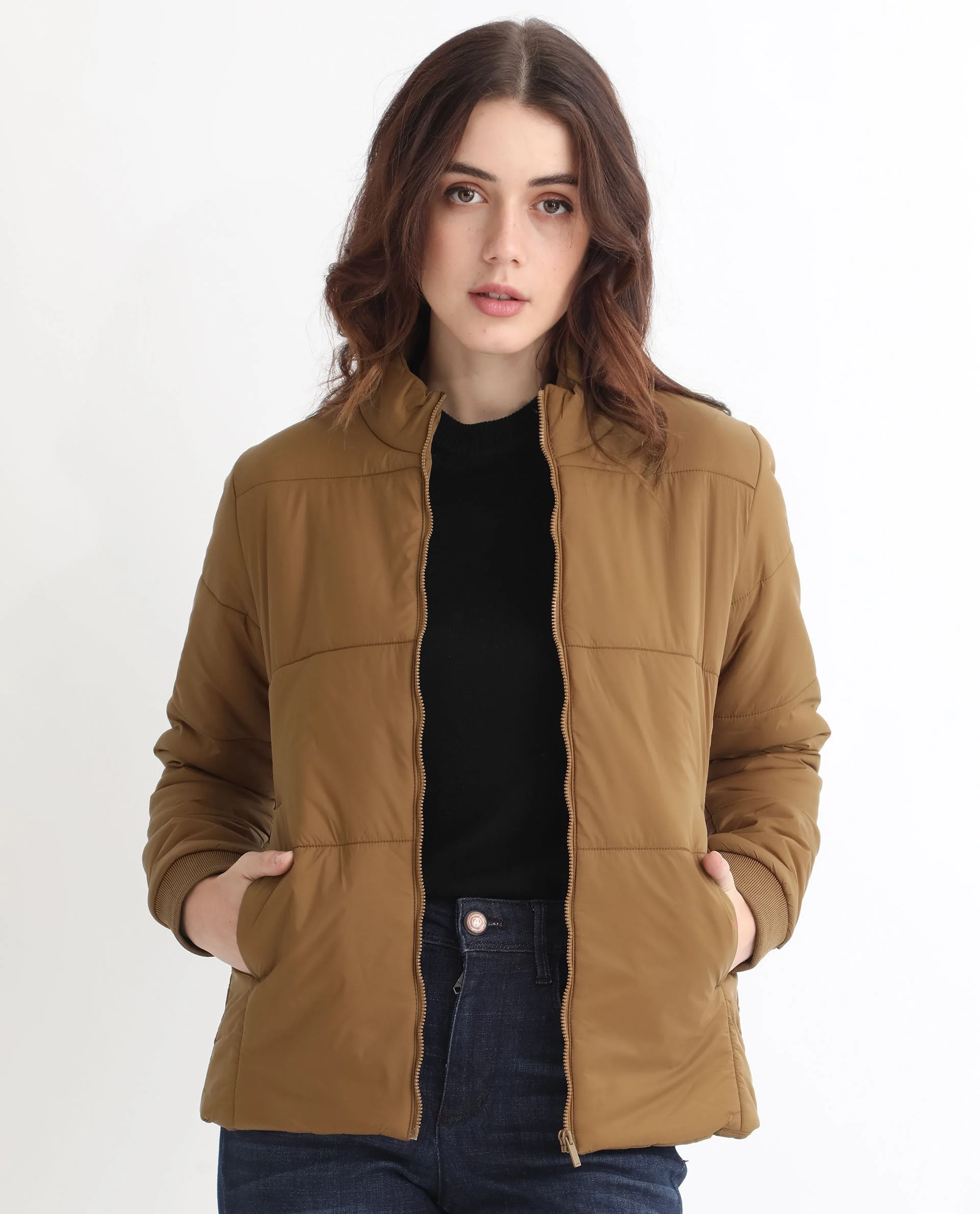 Rareism Women's Glasha Ls Brown Polyester High Neck Plain Regular Fit Jacket - Image 2