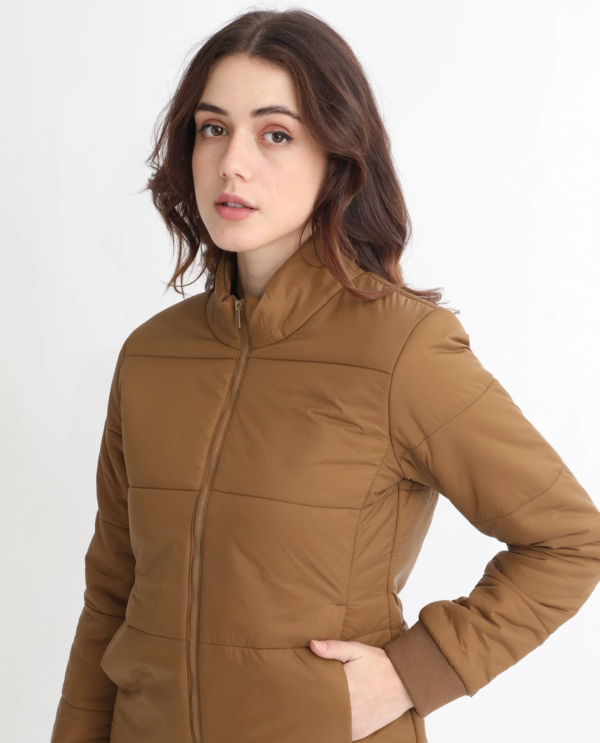 Rareism Women's Glasha Ls Brown Polyester High Neck Plain Regular Fit Jacket - Image 5