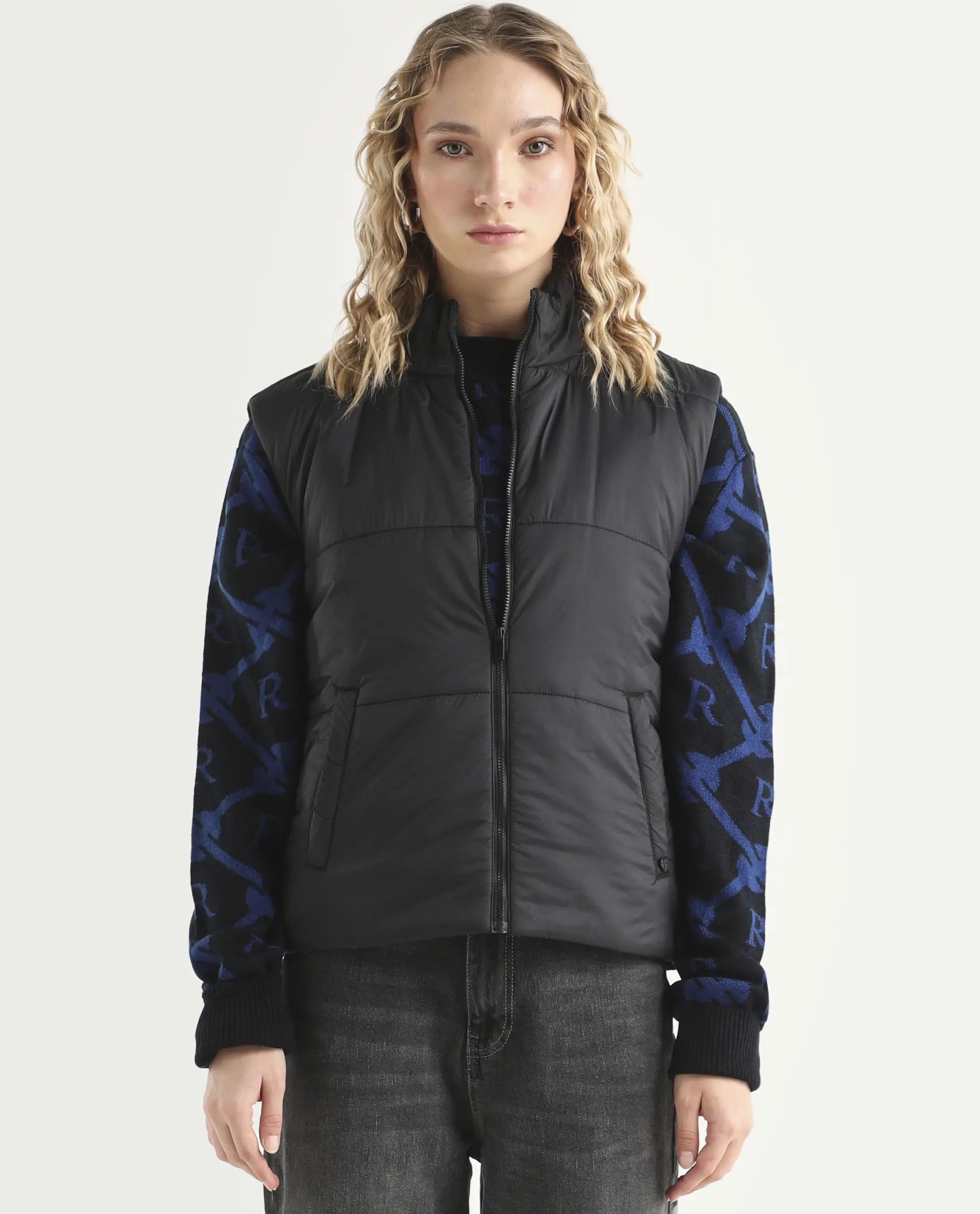 Rareism Women's Glasha Sl Black Polyester High Neck Plain Sleeveless Regular Fit Jacket - Image 3