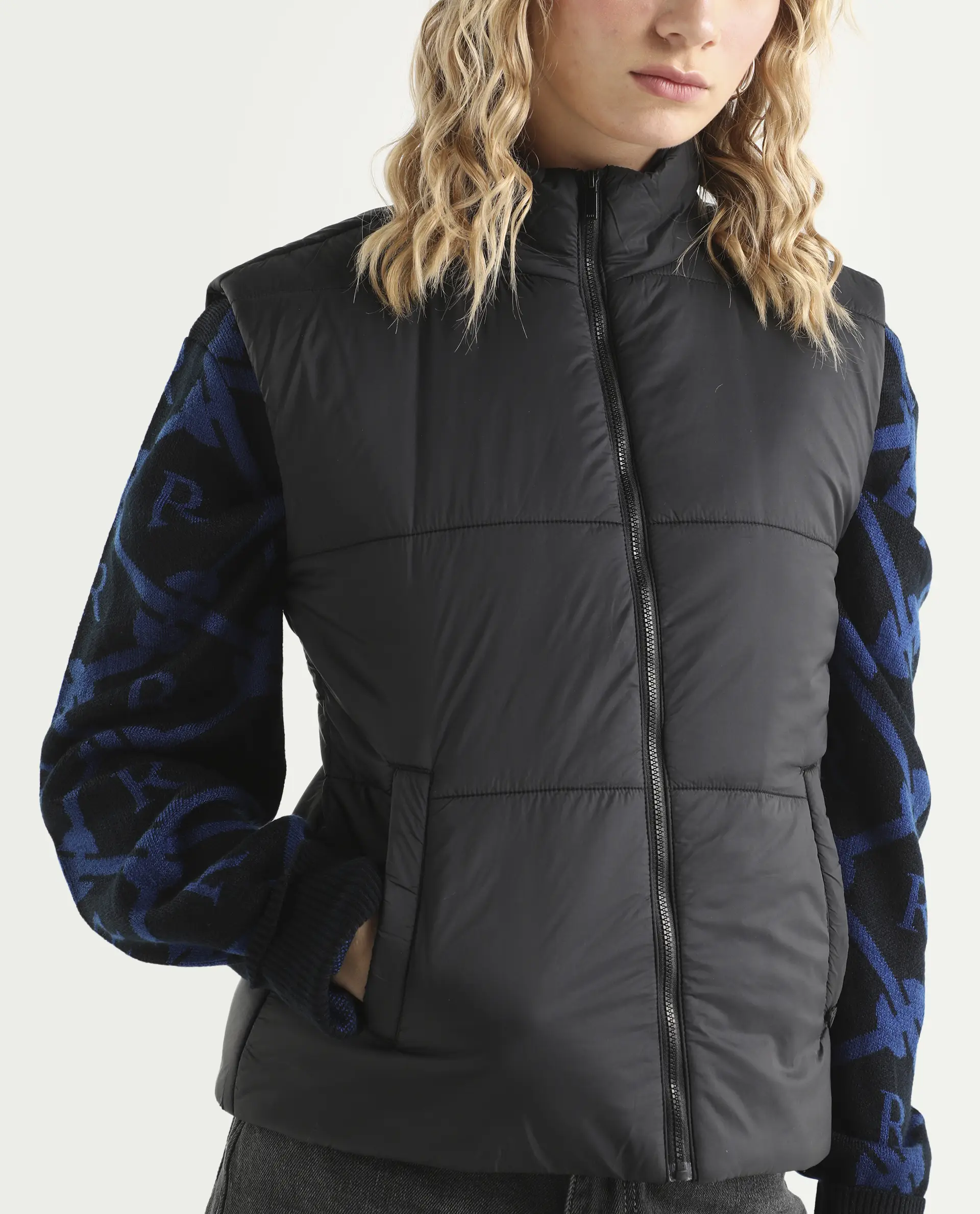 Rareism Women's Glasha Sl Black Polyester High Neck Plain Sleeveless Regular Fit Jacket - Image 4