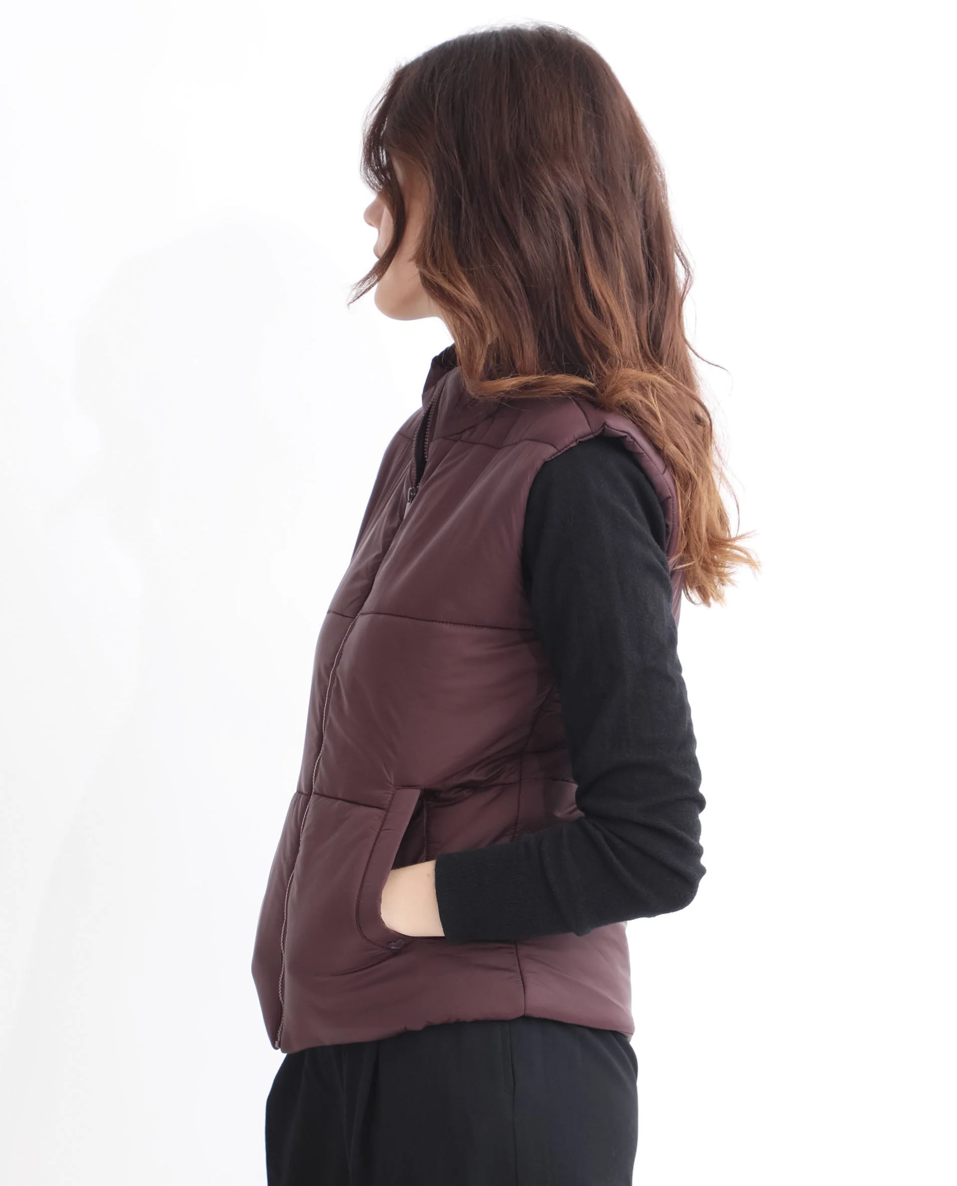 Rareism Women's Glasha Sl Maroon Polyester High Neck Plain Sleeveless Regular Fit Jacket - Image 3