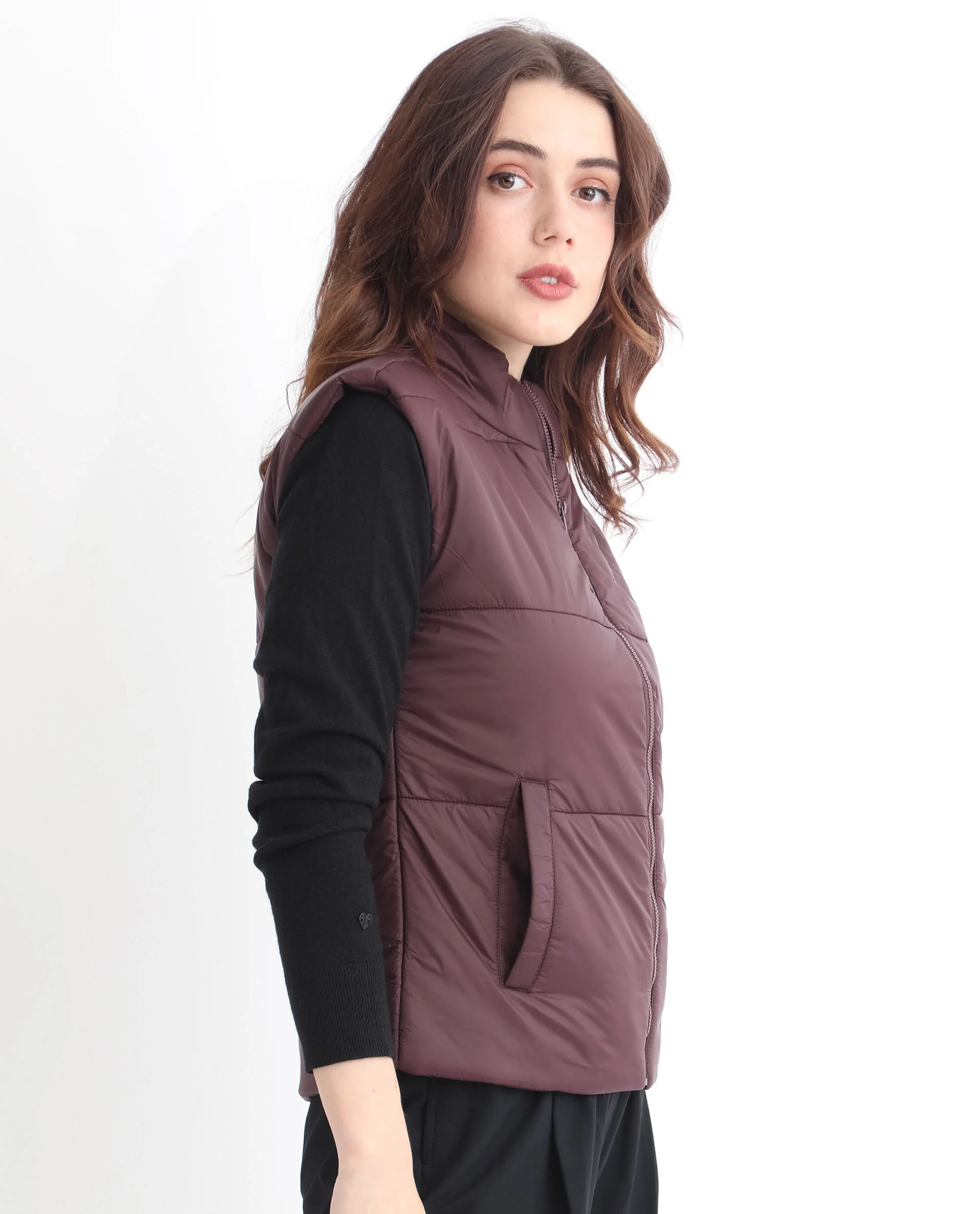 Rareism Women's Glasha Sl Maroon Polyester High Neck Plain Sleeveless Regular Fit Jacket - Image 4
