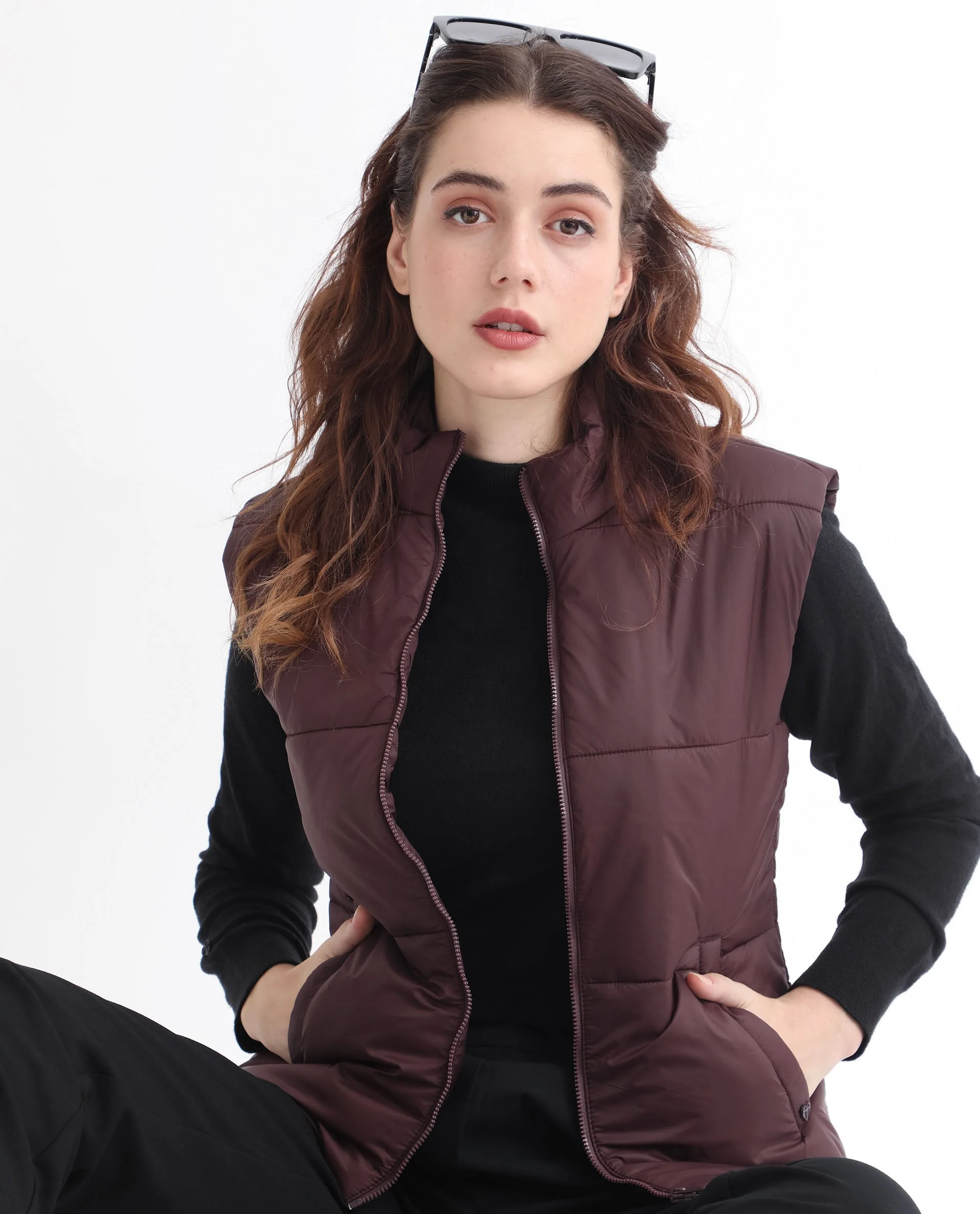 Rareism Women's Glasha Sl Maroon Polyester High Neck Plain Sleeveless Regular Fit Jacket - Image 6