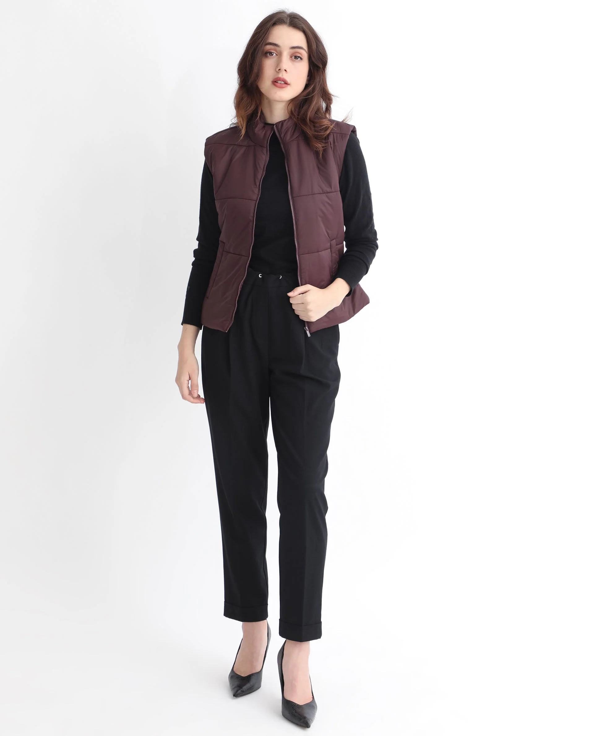 Rareism Women's Glasha Sl Maroon Polyester High Neck Plain Sleeveless Regular Fit Jacket - Image 7
