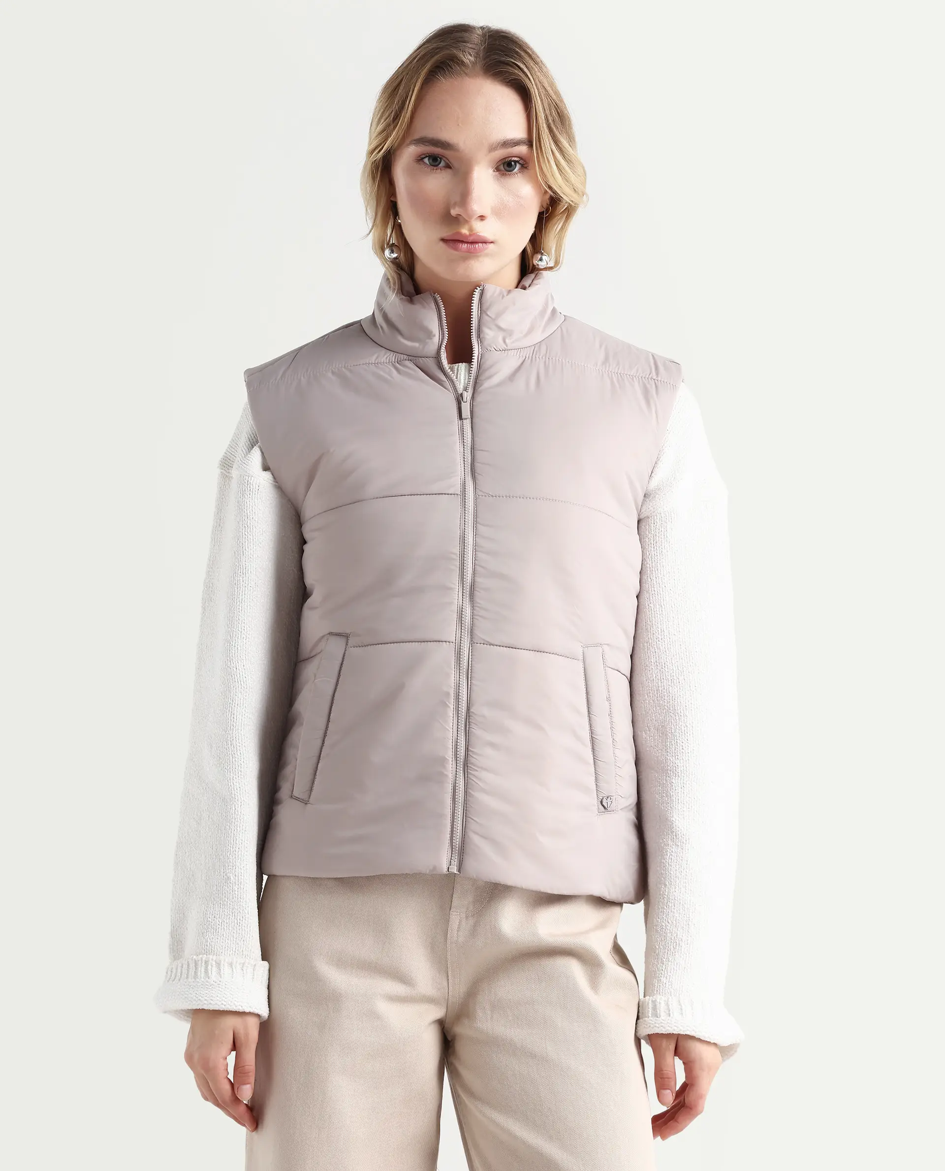 Rareism Women's Glasha Sl Silver Polyester High Neck Plain Sleeveless Regular Fit Jacket - Image 3