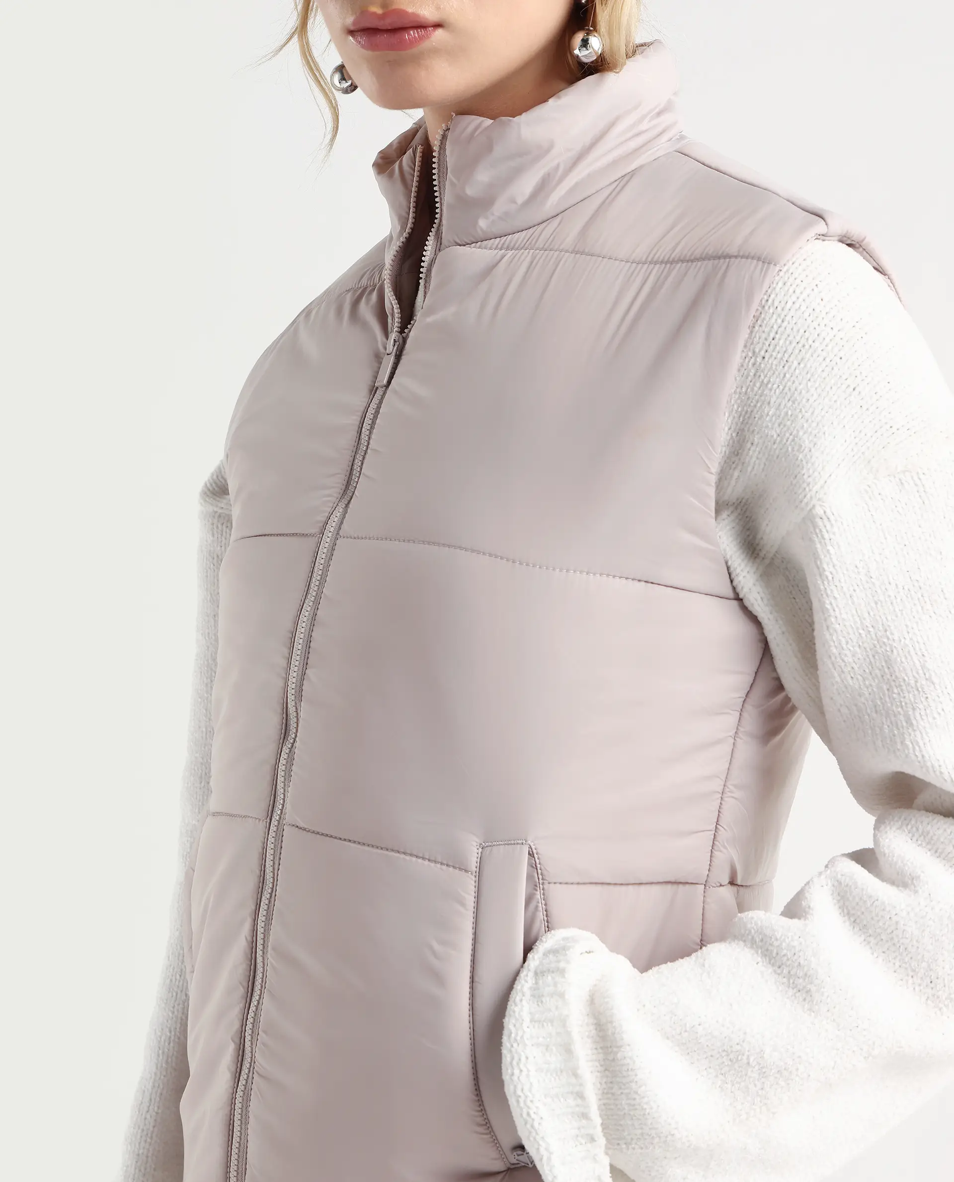 Rareism Women's Glasha Sl Silver Polyester High Neck Plain Sleeveless Regular Fit Jacket - Image 4