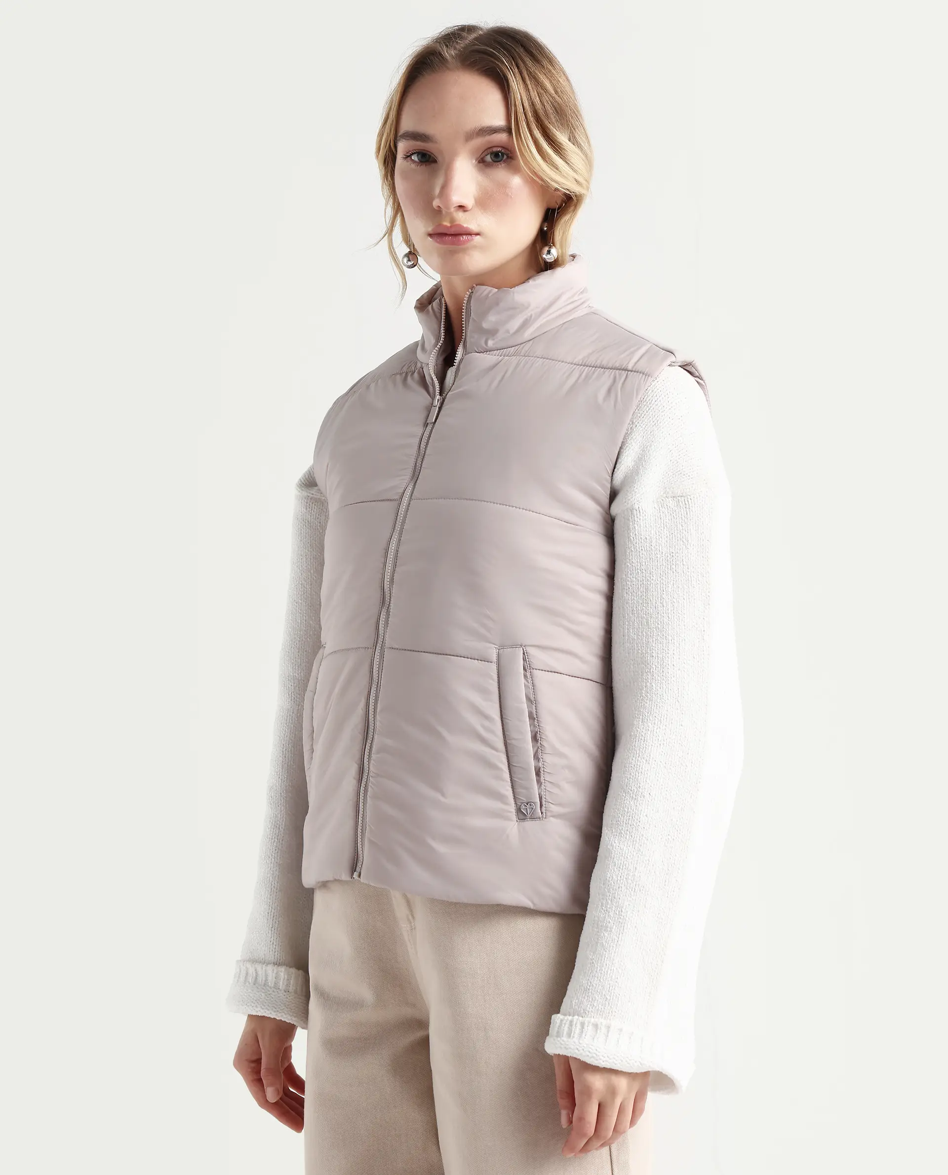 Rareism Women's Glasha Sl Silver Polyester High Neck Plain Sleeveless Regular Fit Jacket - Image 5