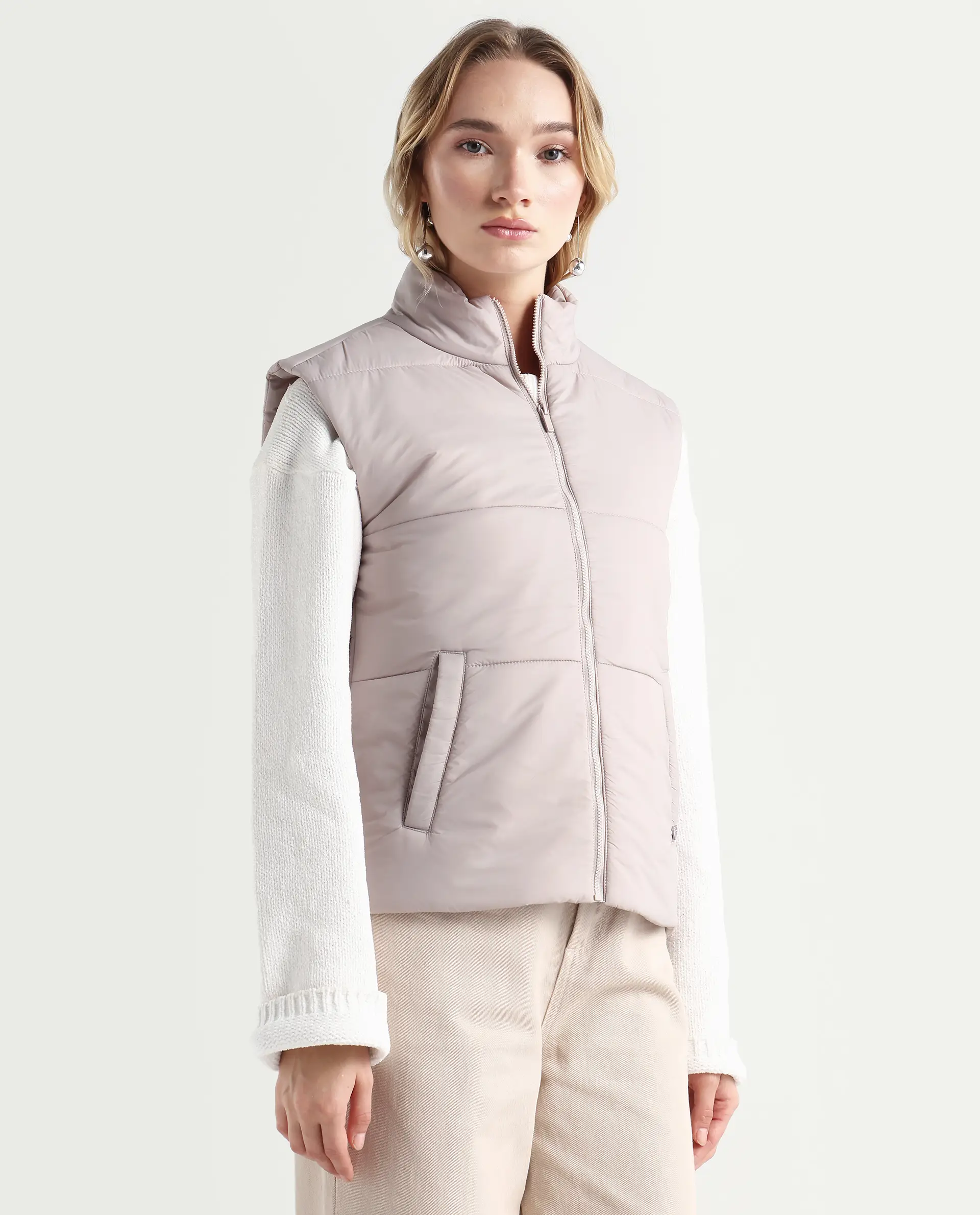 Rareism Women's Glasha Sl Silver Polyester High Neck Plain Sleeveless Regular Fit Jacket - Image 6