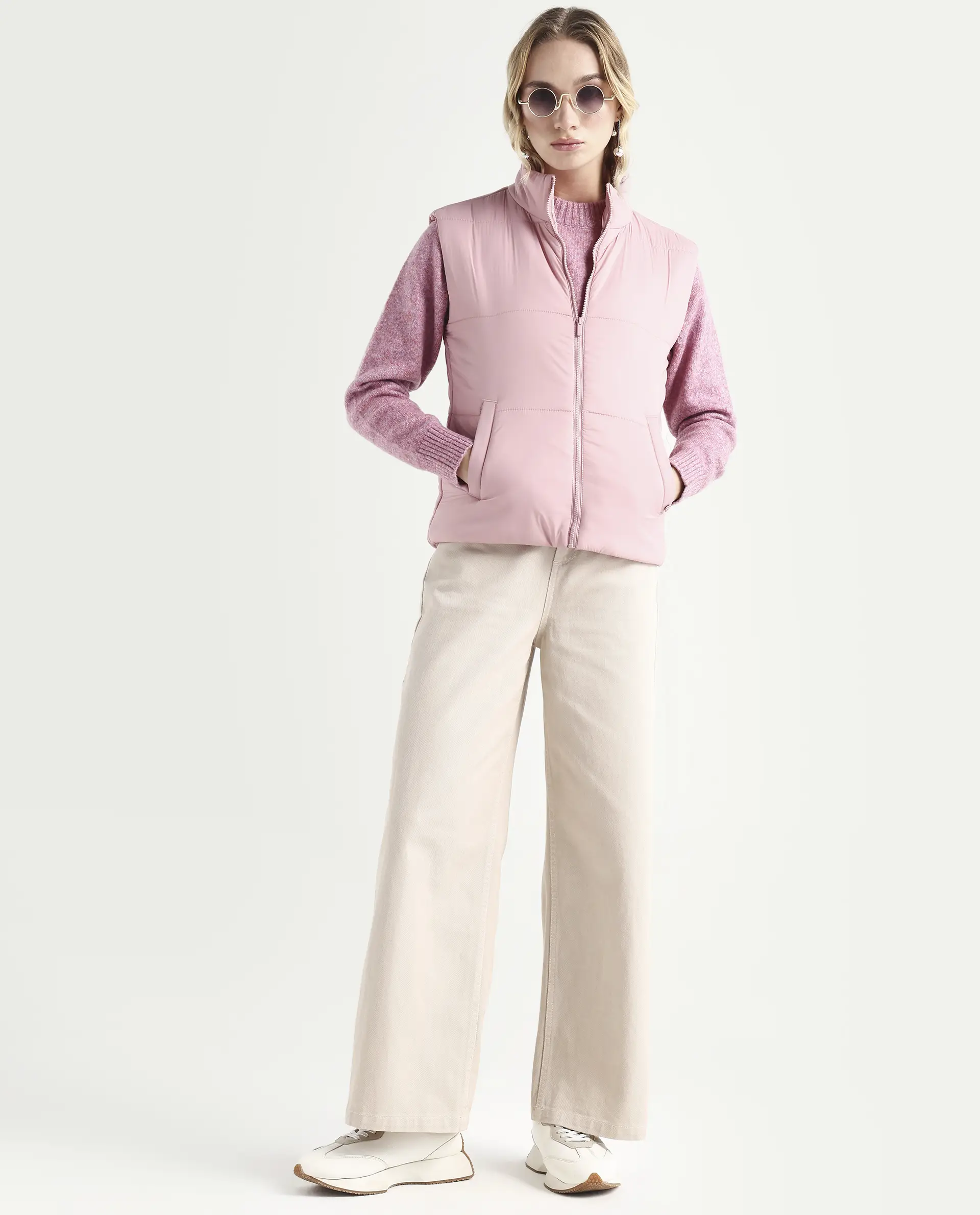 Rareism Women's Glasha Si Pink Polyester High Neck Plain Sleeveless Regular Fit Jacket - Image 2