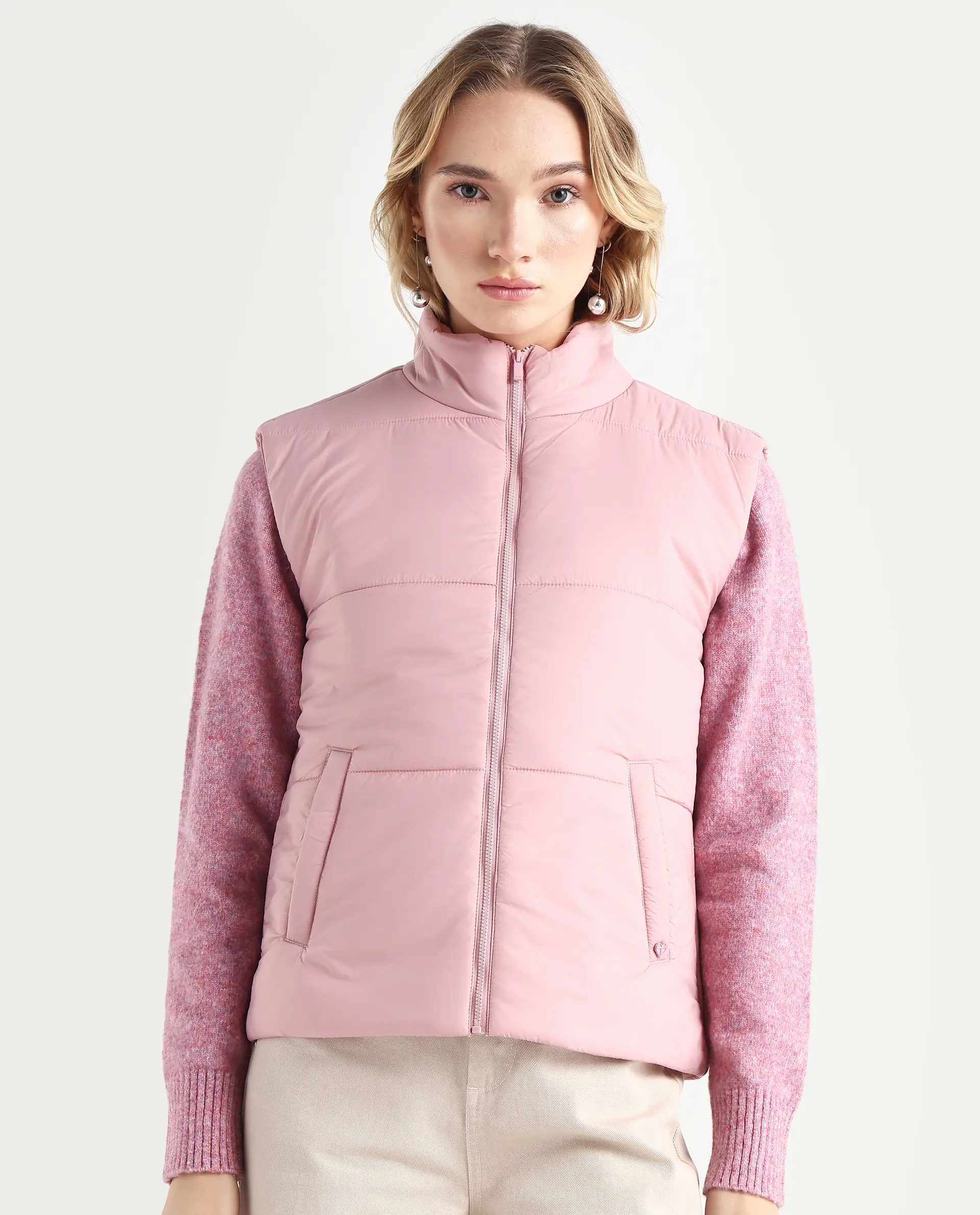 Rareism Women's Glasha Si Pink Polyester High Neck Plain Sleeveless Regular Fit Jacket - Image 3