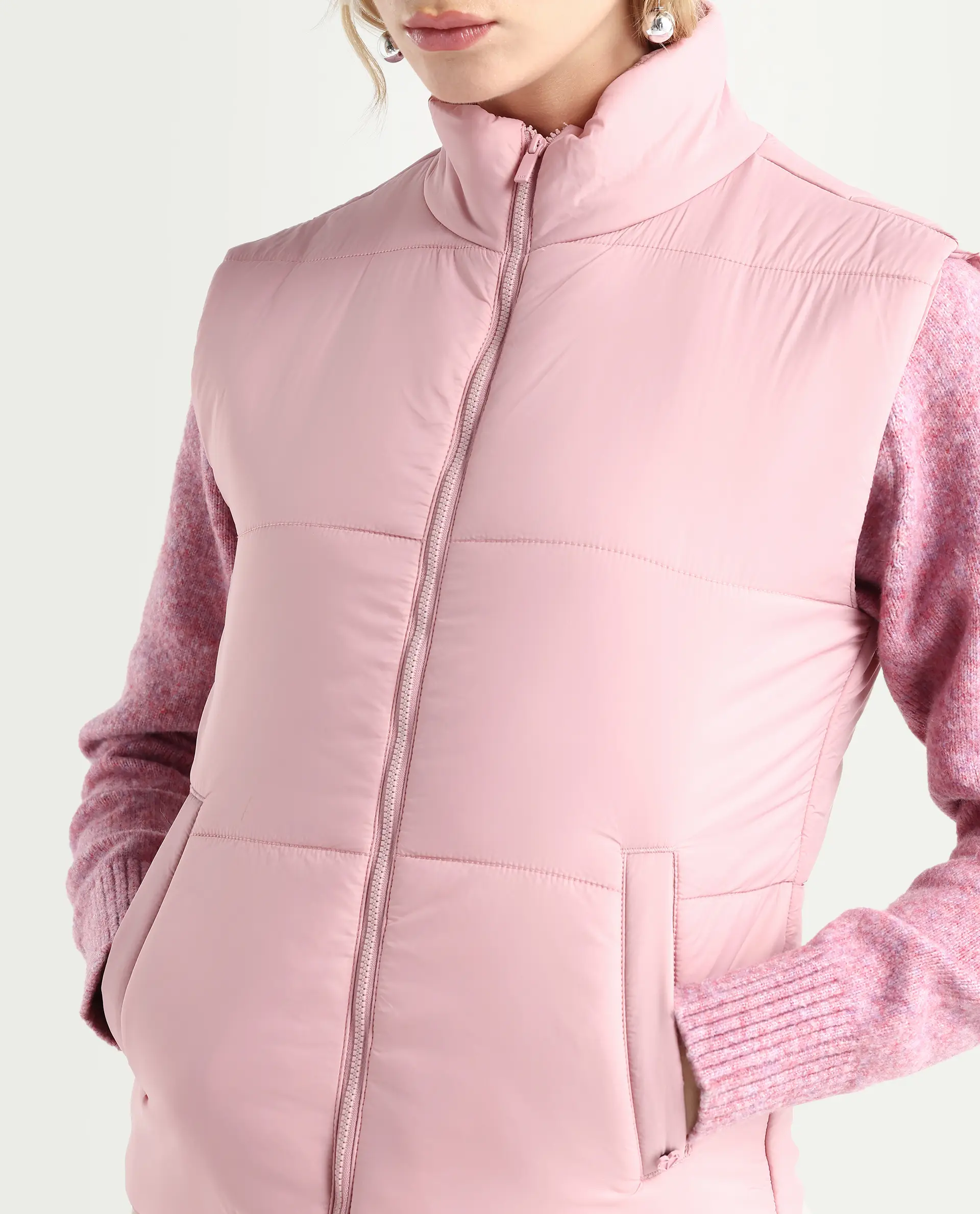 Rareism Women's Glasha Si Pink Polyester High Neck Plain Sleeveless Regular Fit Jacket - Image 4