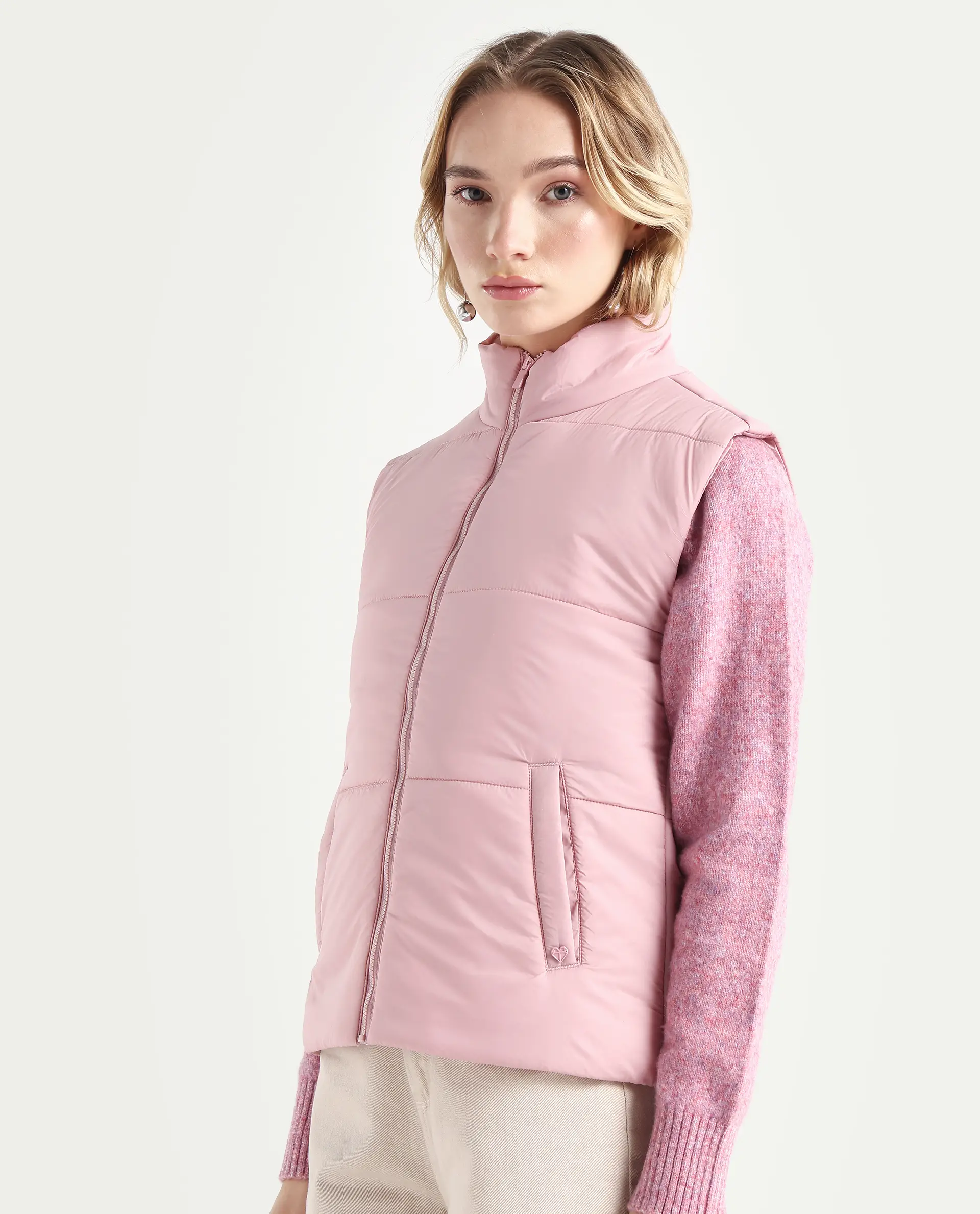 Rareism Women's Glasha Si Pink Polyester High Neck Plain Sleeveless Regular Fit Jacket - Image 5