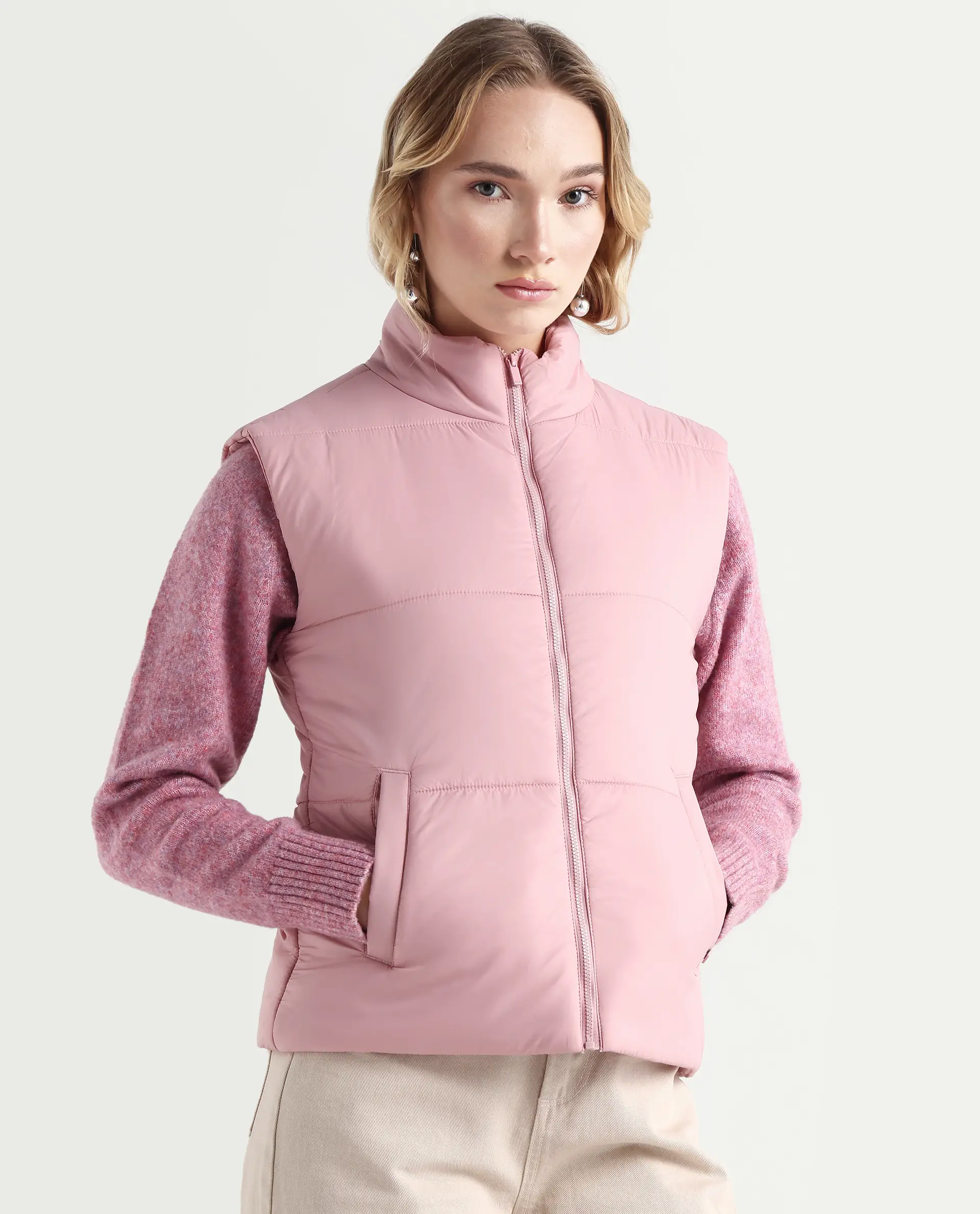 Rareism Women's Glasha Si Pink Polyester High Neck Plain Sleeveless Regular Fit Jacket - Image 6