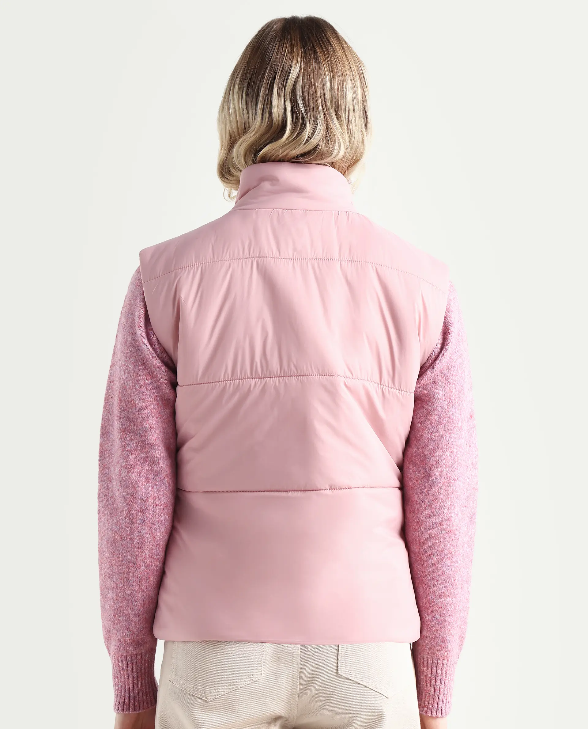 Rareism Women's Glasha Si Pink Polyester High Neck Plain Sleeveless Regular Fit Jacket - Image 7