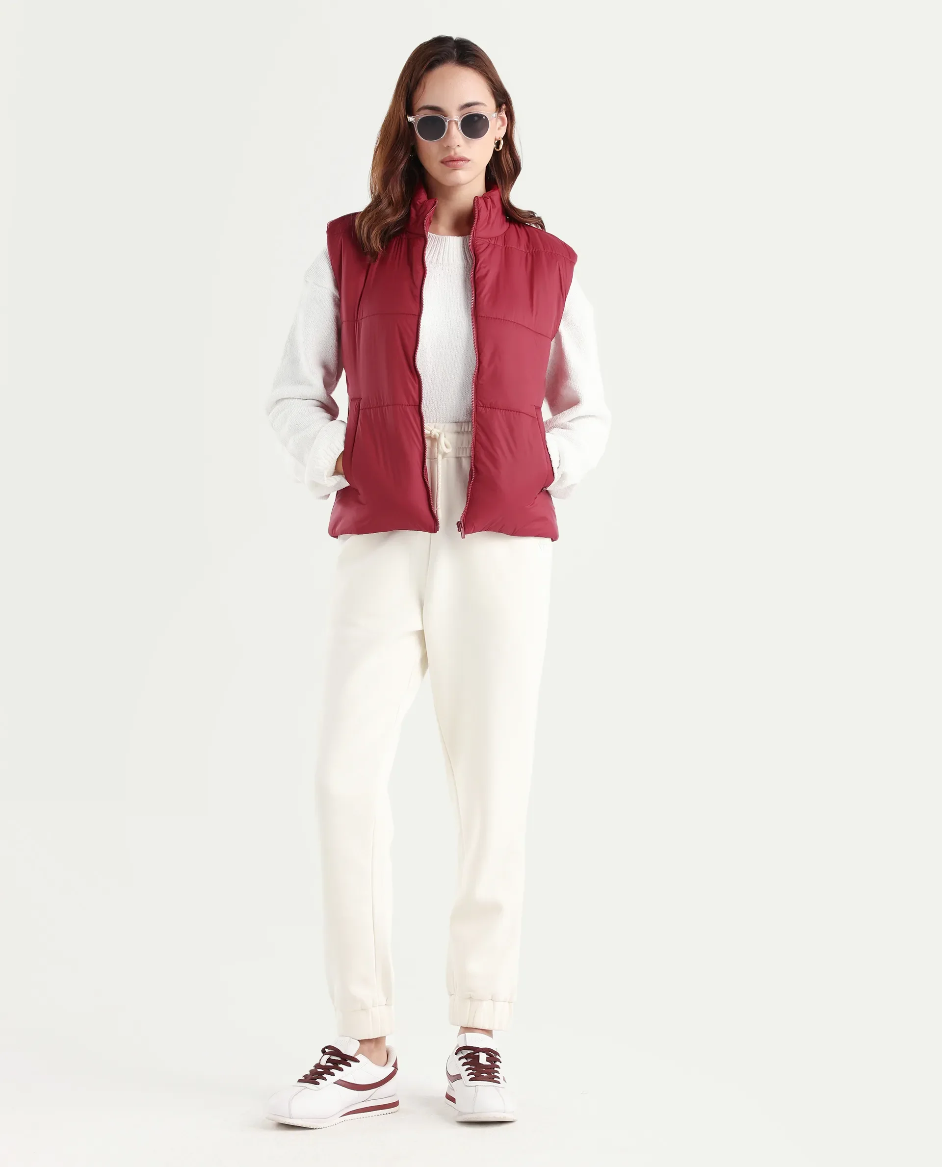 Rareism Women's Glasha Sl Red Polyester High Neck Plain Sleeveless Regular Fit Jacket - Image 2