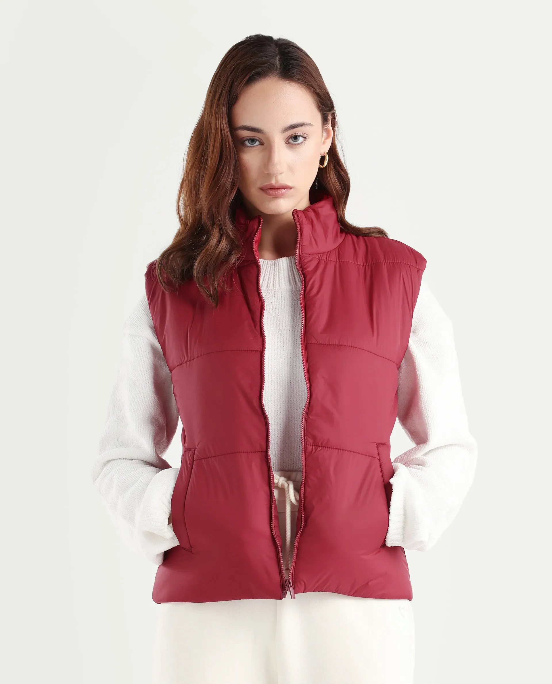Rareism Women's Glasha Sl Red Polyester High Neck Plain Sleeveless Regular Fit Jacket - Image 3