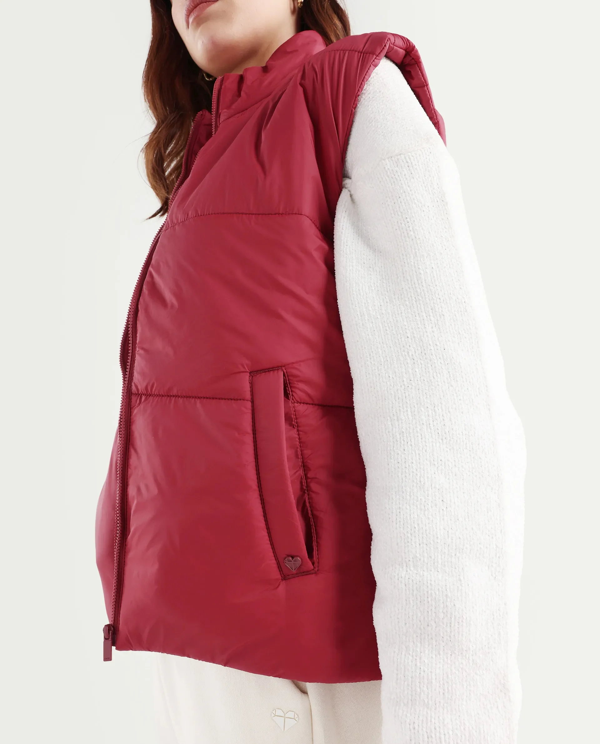 Rareism Women's Glasha Sl Red Polyester High Neck Plain Sleeveless Regular Fit Jacket - Image 4