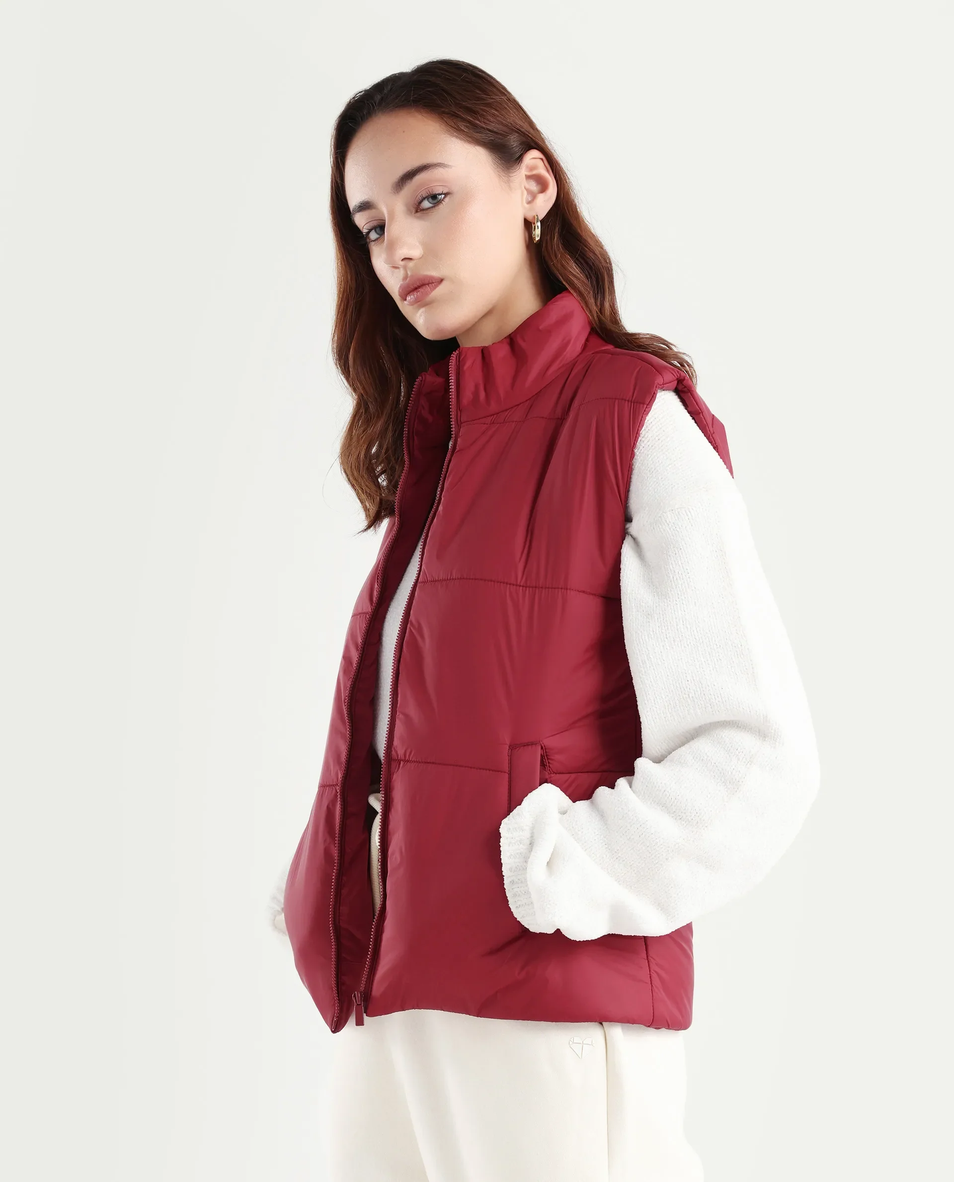 Rareism Women's Glasha Sl Red Polyester High Neck Plain Sleeveless Regular Fit Jacket - Image 5