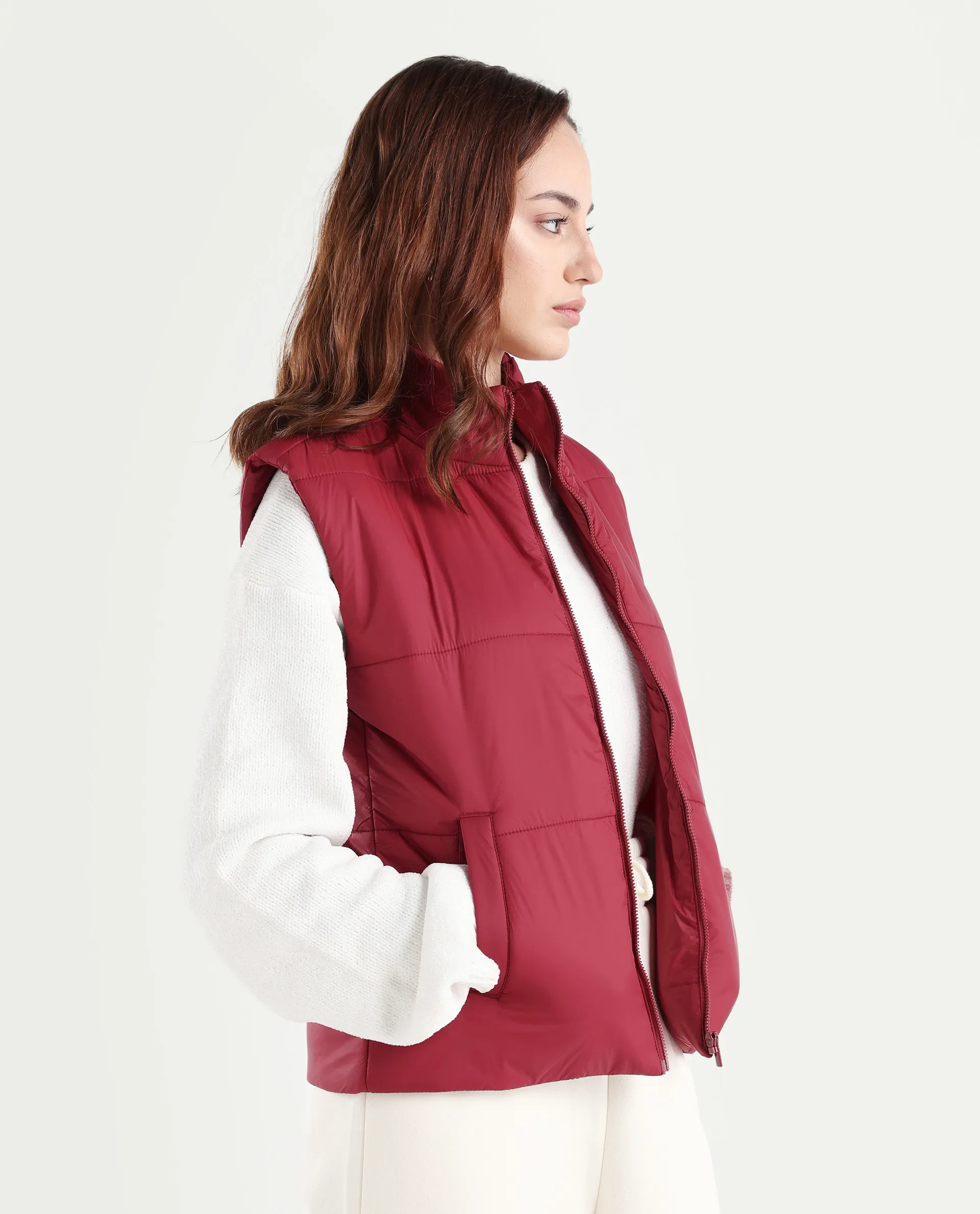 Rareism Women's Glasha Sl Red Polyester High Neck Plain Sleeveless Regular Fit Jacket - Image 6