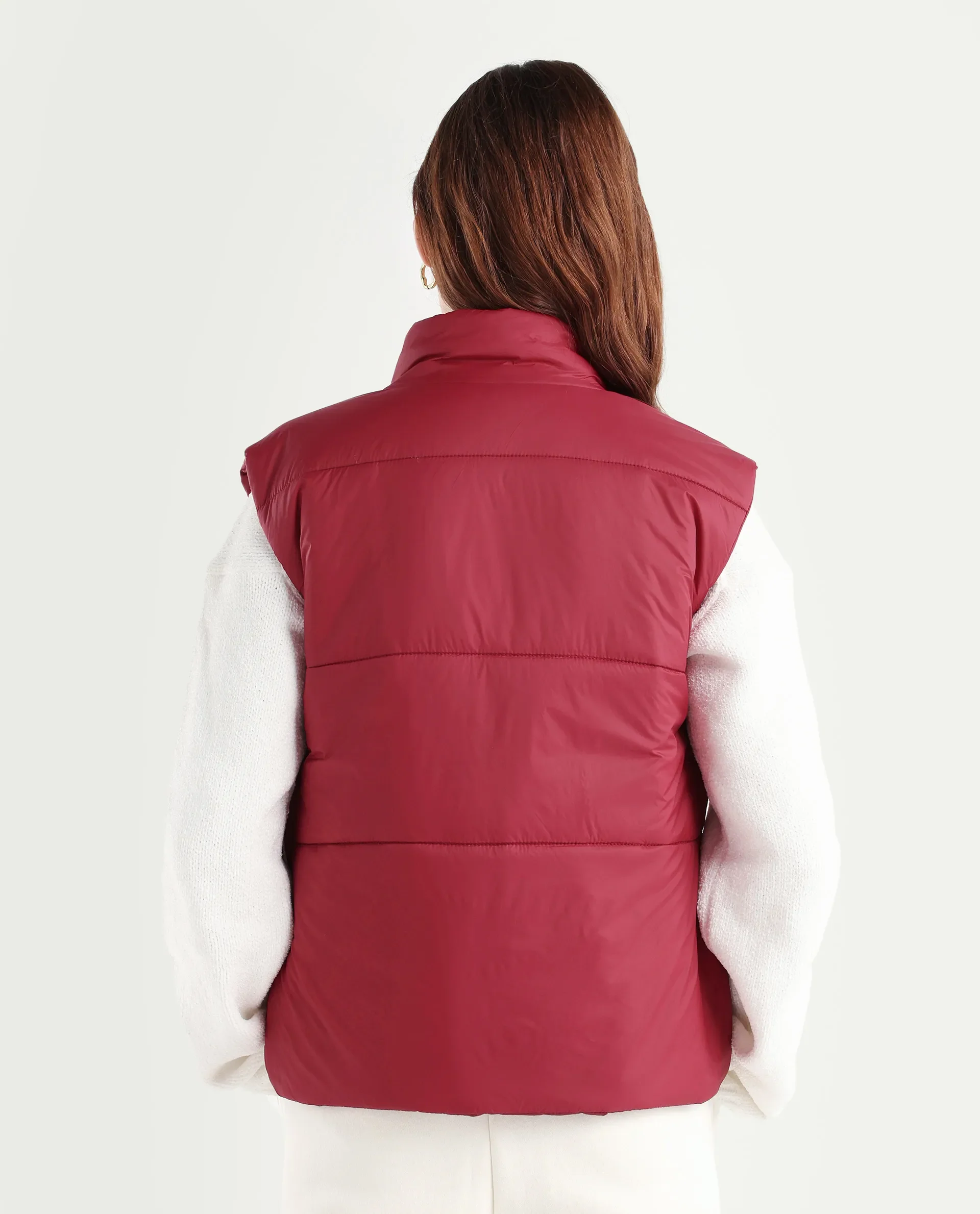 Rareism Women's Glasha Sl Red Polyester High Neck Plain Sleeveless Regular Fit Jacket - Image 7
