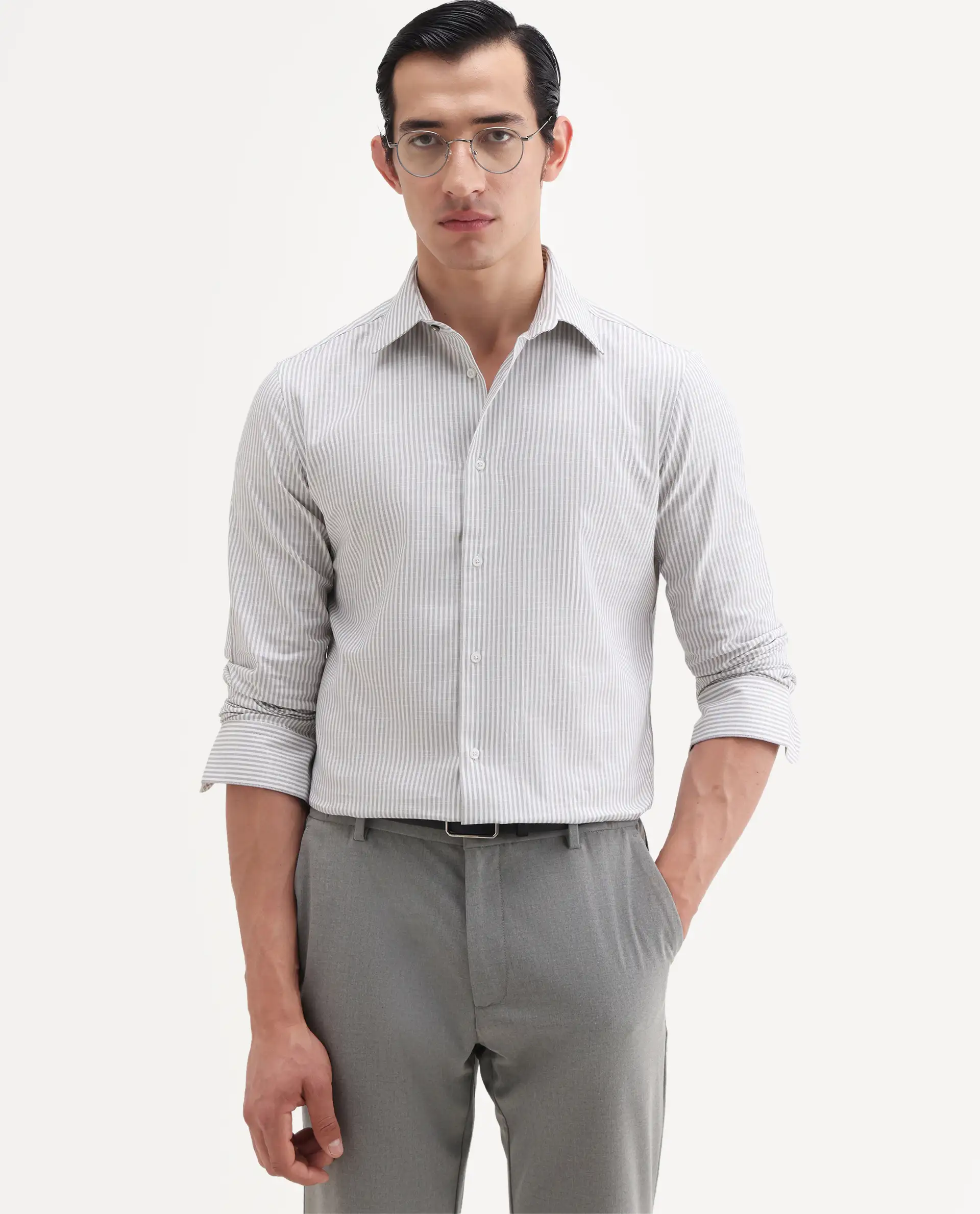 Rare Rabbit Men's Glav Light Grey Cotton Fabric Full Sleeve Spread Collar Button Regular Striped Shirt