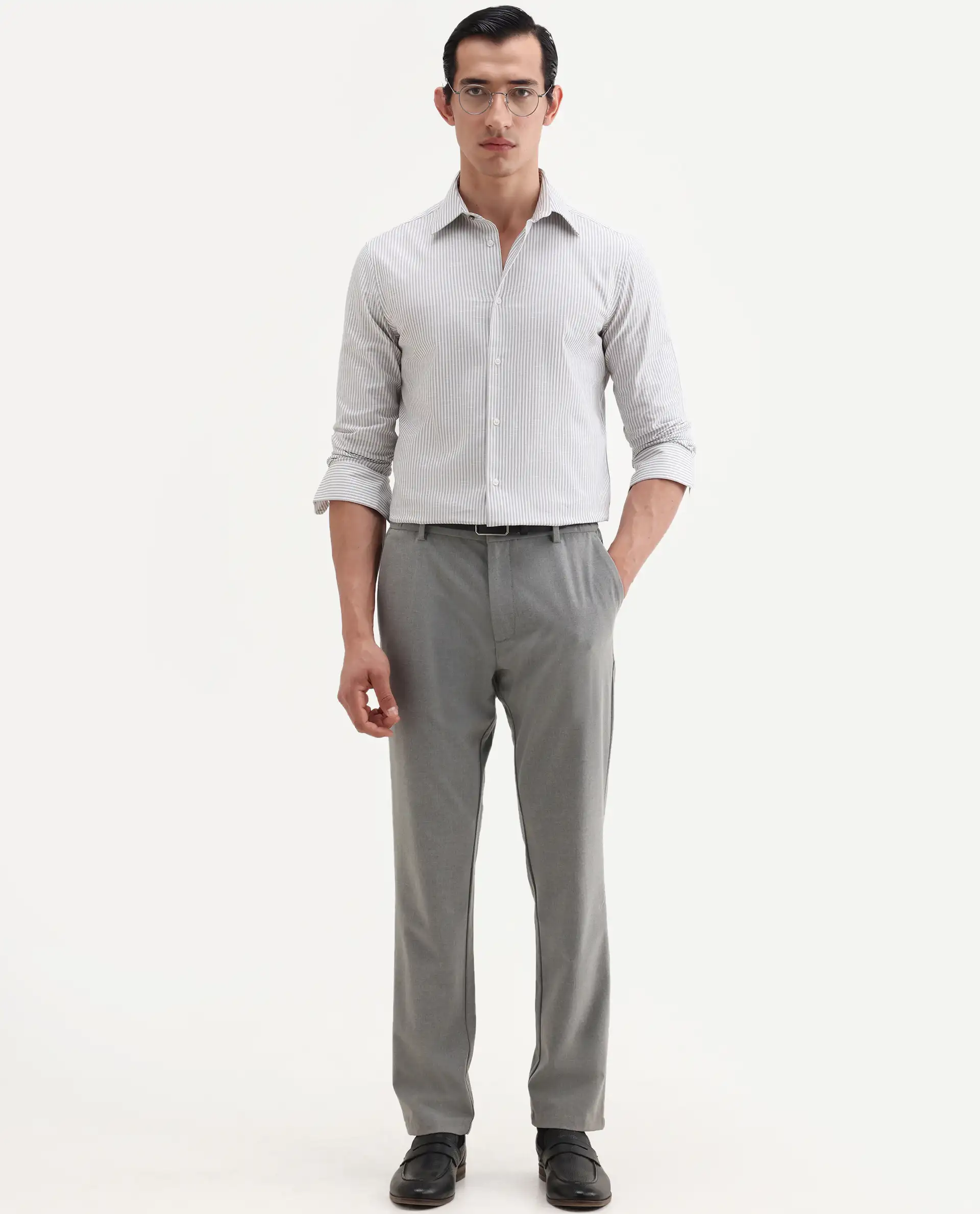 Rare Rabbit Men's Glav Light Grey Cotton Fabric Full Sleeve Spread Collar Button Regular Striped Shirt - Image 2
