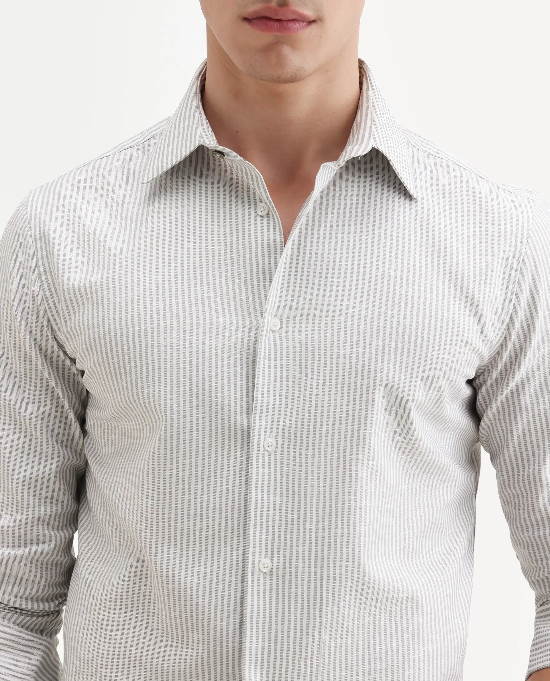Rare Rabbit Men's Glav Light Grey Cotton Fabric Full Sleeve Spread Collar Button Regular Striped Shirt - Image 3