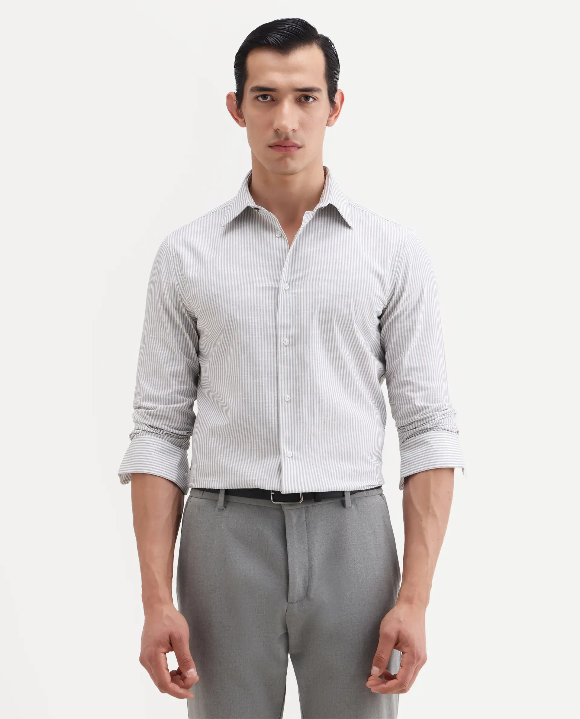 Rare Rabbit Men's Glav Light Grey Cotton Fabric Full Sleeve Spread Collar Button Regular Striped Shirt - Image 4