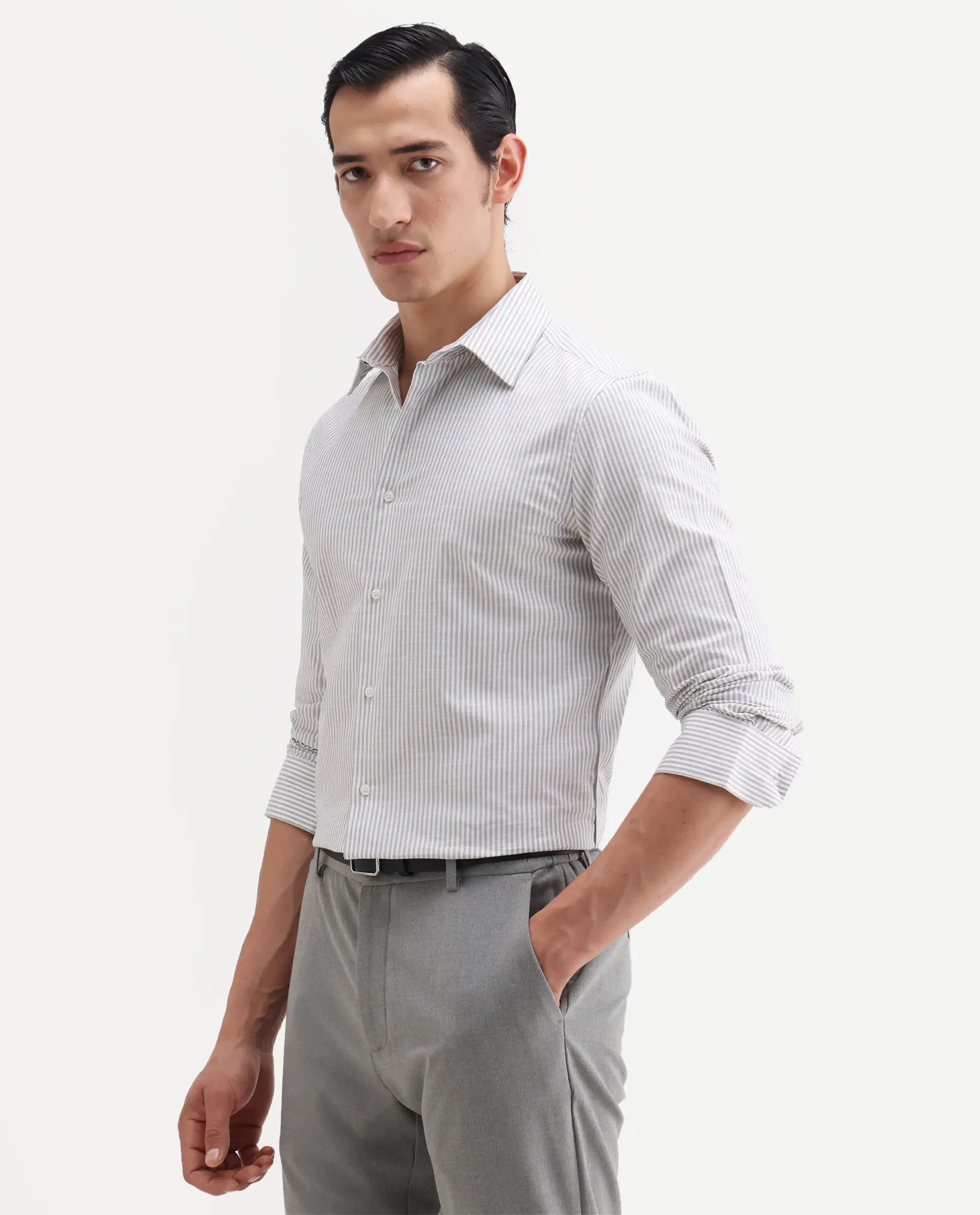 Rare Rabbit Men's Glav Light Grey Cotton Fabric Full Sleeve Spread Collar Button Regular Striped Shirt - Image 5