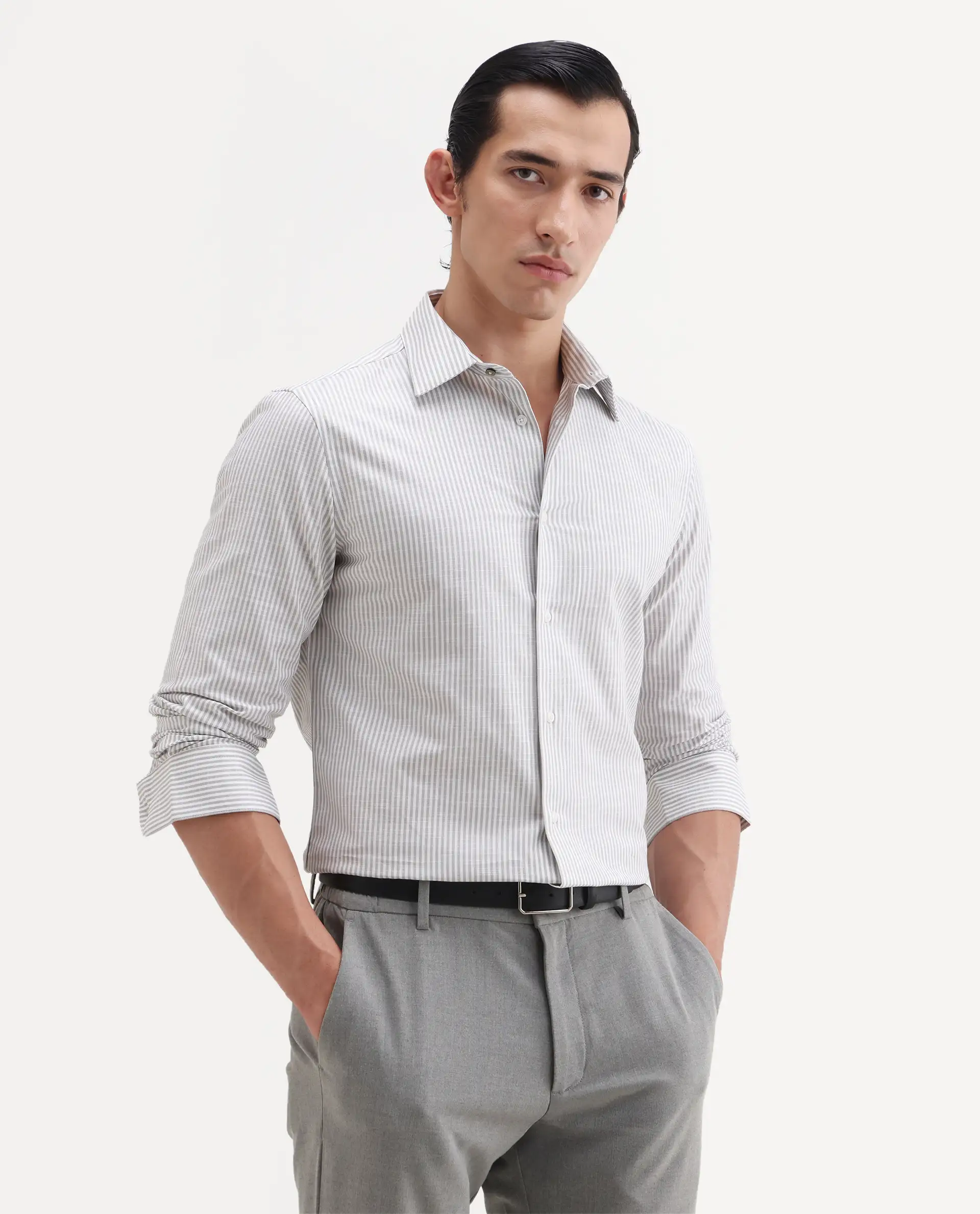 Rare Rabbit Men's Glav Light Grey Cotton Fabric Full Sleeve Spread Collar Button Regular Striped Shirt - Image 6