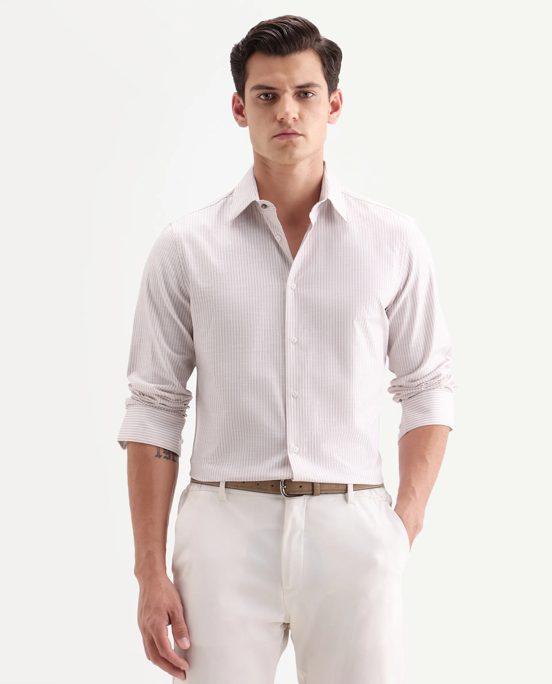 Rare Rabbit Men's Glav Light Pink Cotton Fabric Full Sleeve Spread Collar Button Regular Striped Shirt - Image 4