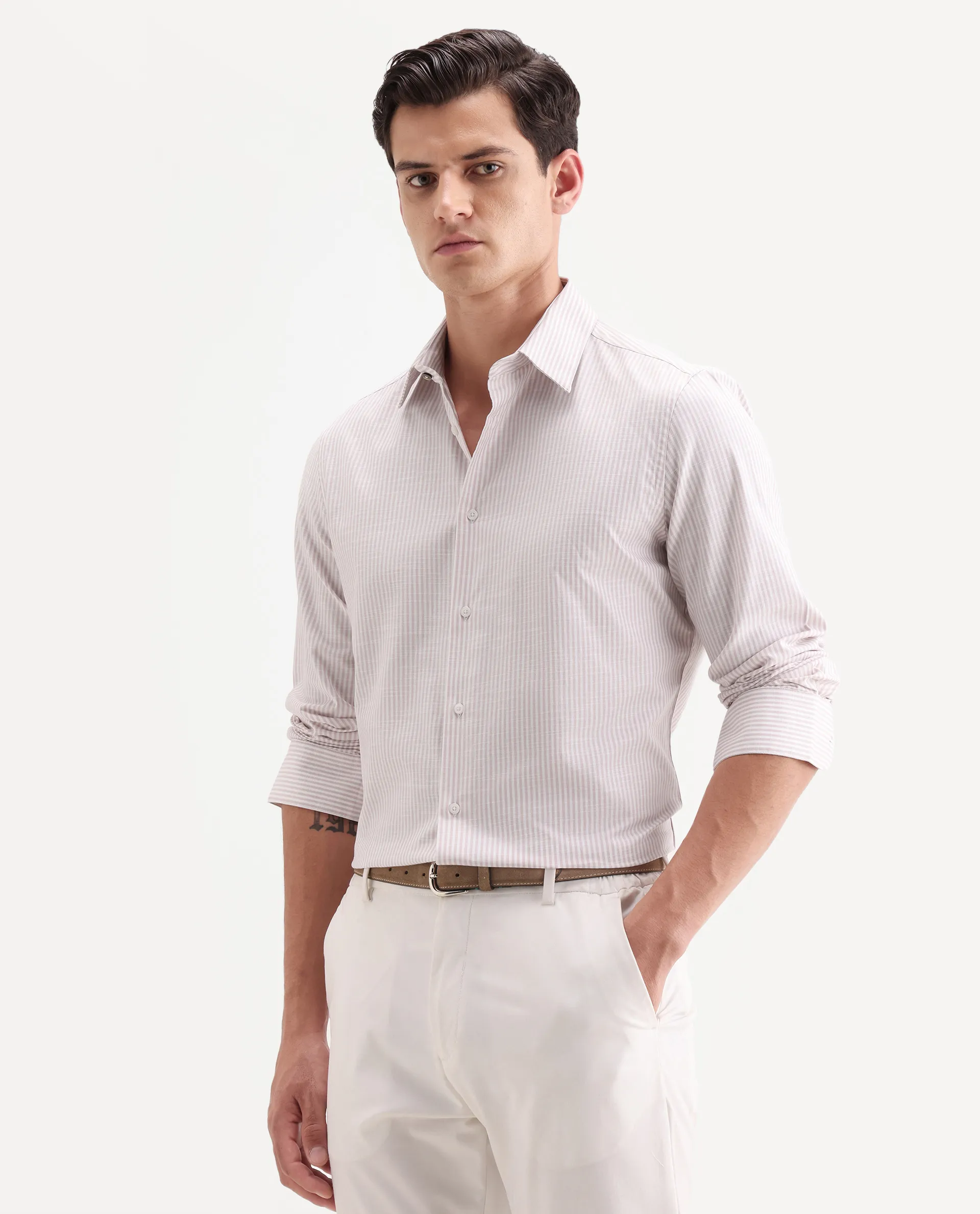 Rare Rabbit Men's Glav Light Pink Cotton Fabric Full Sleeve Spread Collar Button Regular Striped Shirt - Image 5