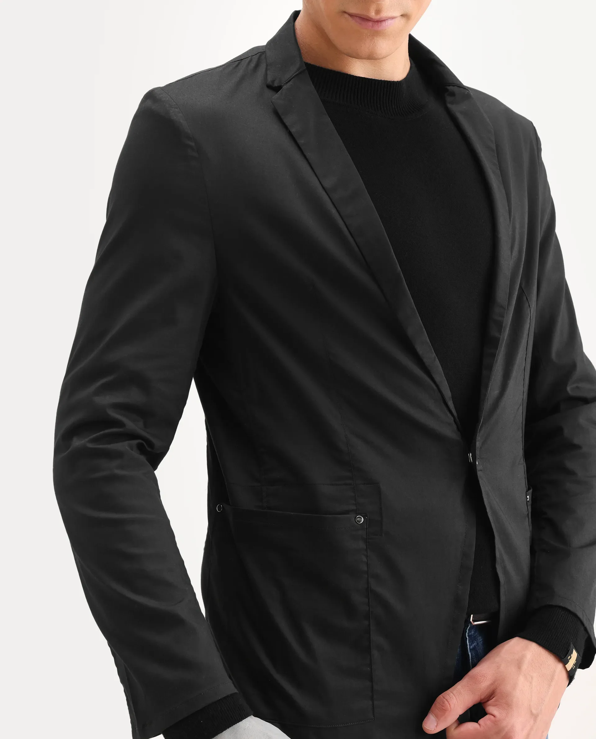 Rare Rabbit Men's Glaze Black Viscose Plain Regular Fit Full Sleeve Lapel Neck Jacket - Image 3