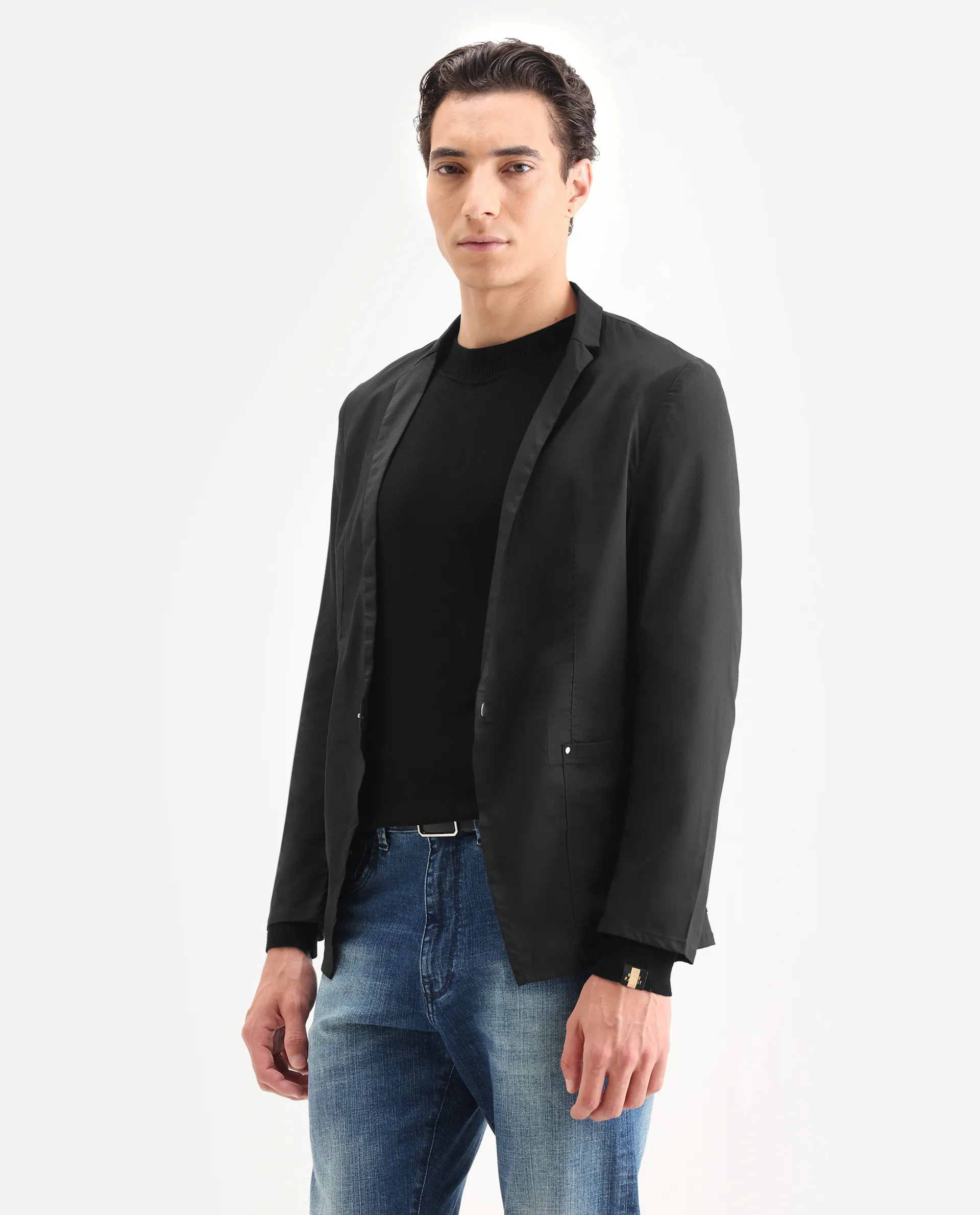 Rare Rabbit Men's Glaze Black Viscose Plain Regular Fit Full Sleeve Lapel Neck Jacket - Image 5