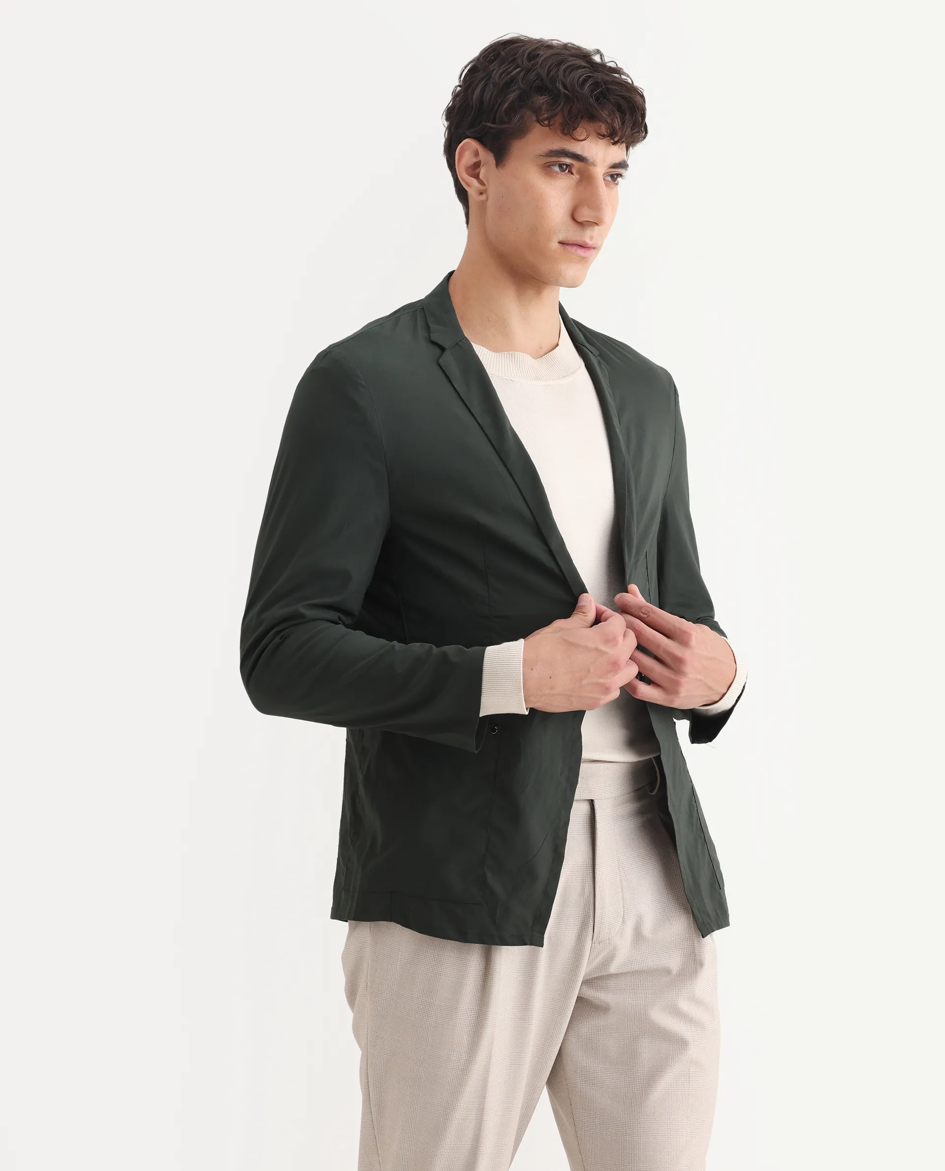 Rare Rabbit Men's Glaze Green Viscose Plain Regular Fit Full Sleeve Lapel Neck Jacket - Image 3