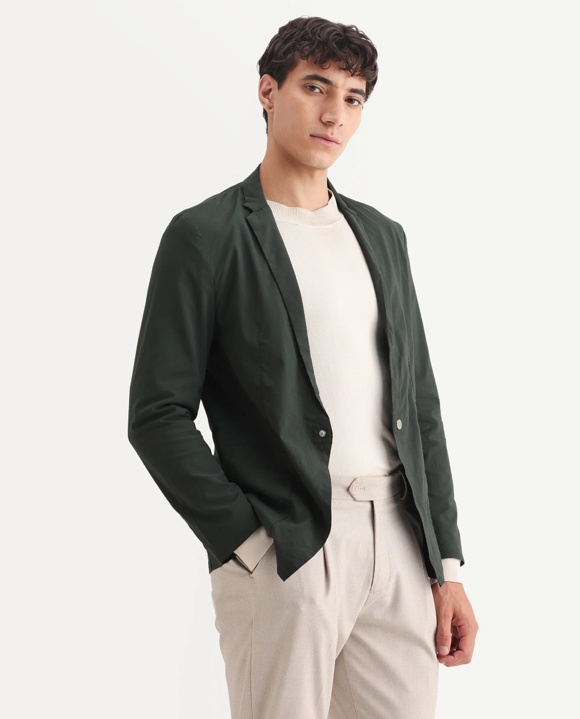 Rare Rabbit Men's Glaze Green Viscose Plain Regular Fit Full Sleeve Lapel Neck Jacket - Image 5