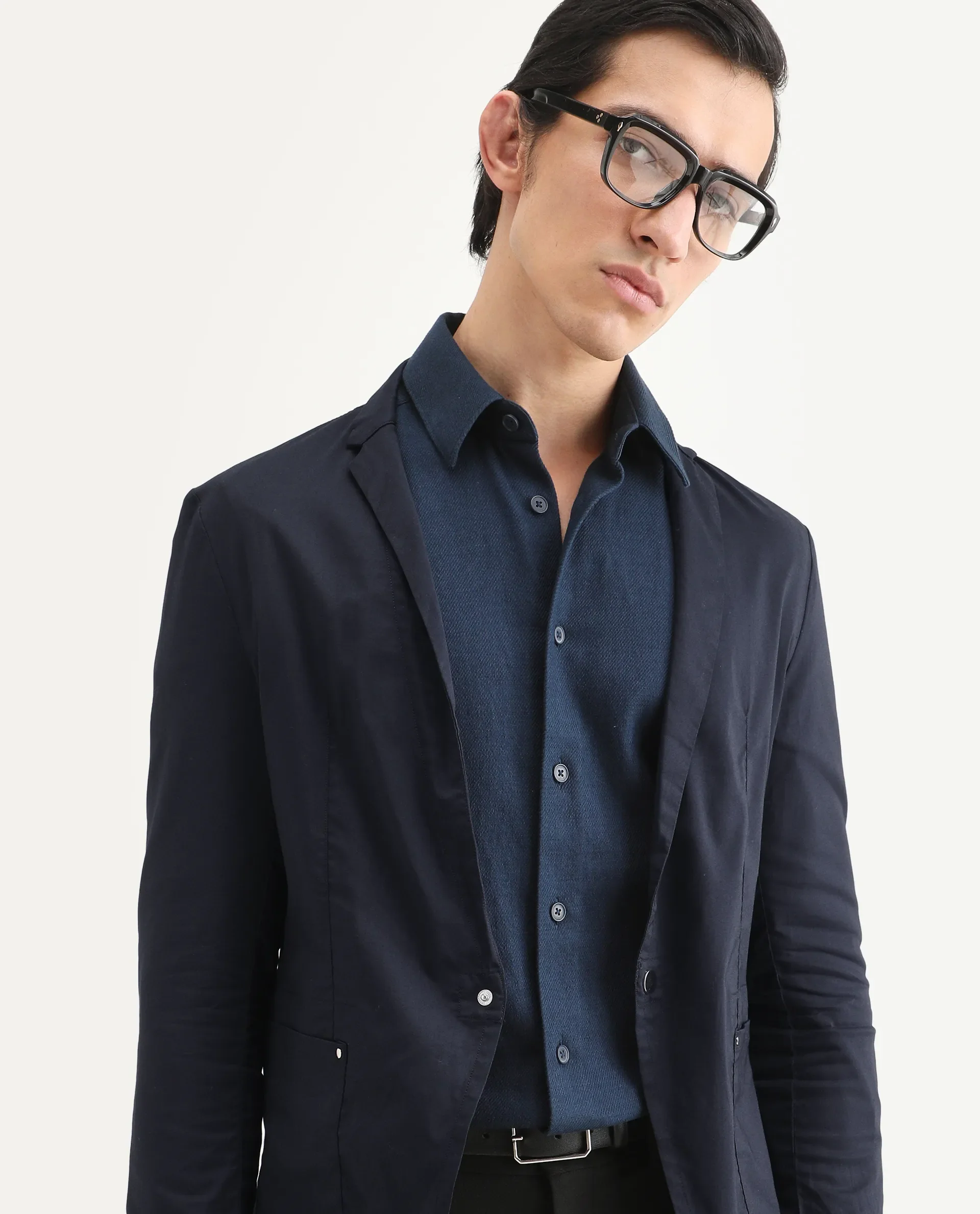 Rare Rabbit Men's Glaze Navy Viscose Plain Regular Fit Full Sleeve Lapel Neck Jacket - Image 3