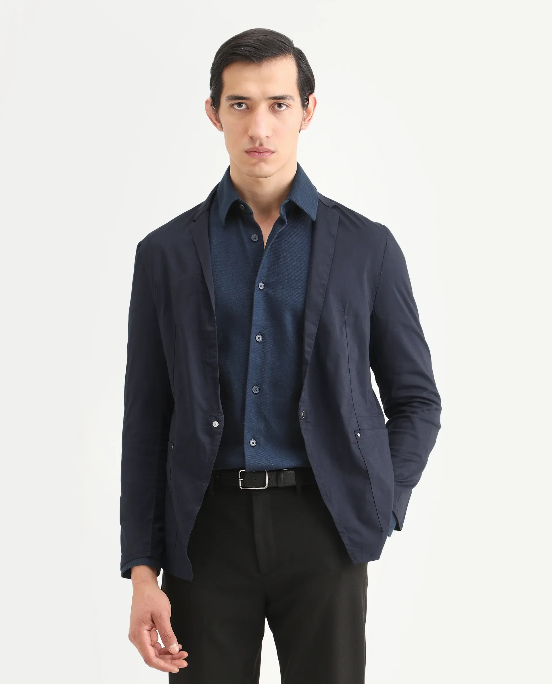 Rare Rabbit Men's Glaze Navy Viscose Plain Regular Fit Full Sleeve Lapel Neck Jacket - Image 4